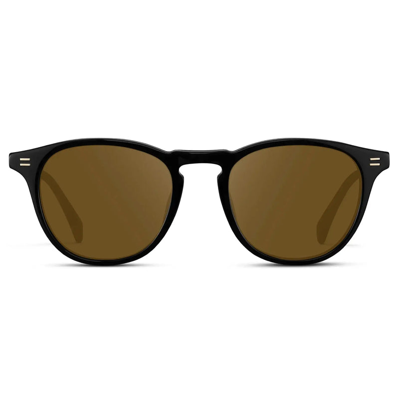 Black / Amber || Men's Round Prescription Sunglasses with Black Frame and Amber Lenses on a white background