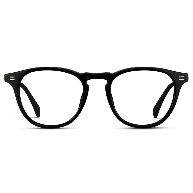 Black || Men's Round Prescription Glasses with Black Frame and Clear Lenses on a white background