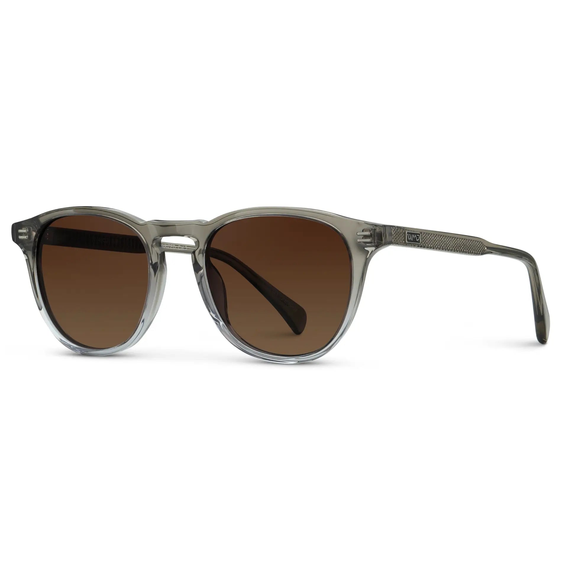 Charcoal Grey / Brown Gold Gradient Lens || Side view of Men's Round Polarized Sunglasses with Charcoal Grey Frame and Brown Gold Gradient Lenses on a white background