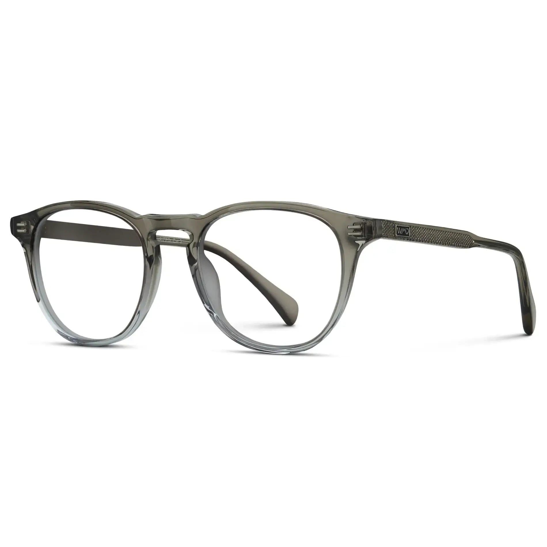 Charcoal Grey || Side view of Men's Round Prescription Glasses with Charcoal Grey Frame and Clear Lenses on a white background