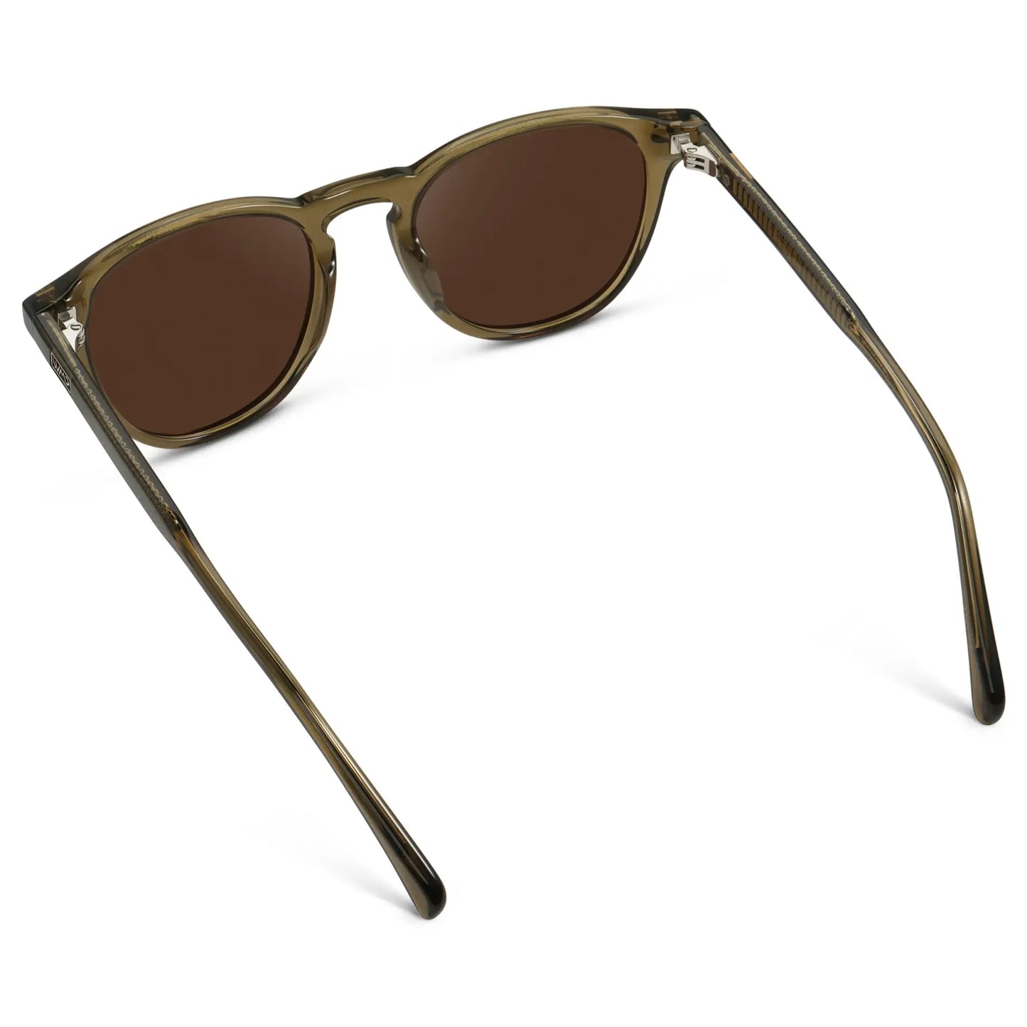 Khaki Green / Dark Brown Lens || Back view of Men's Round Polarized Sunglasses with Green Frame and Dark Brown Lenses on a white background