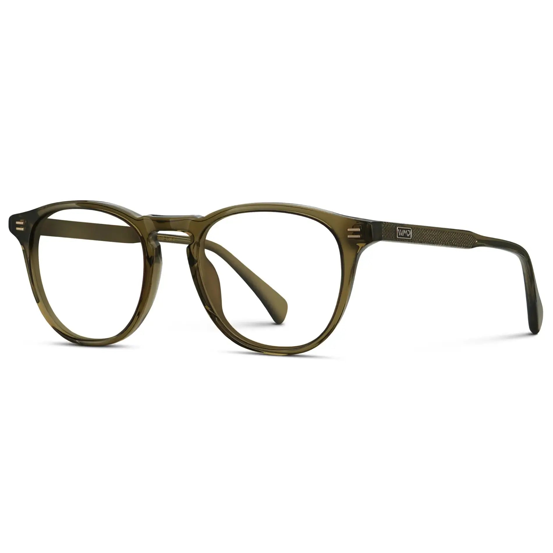 Khaki Green || Side view of Men's Round Prescription Glasses with Khaki Green Frame and Clear Lenses on a white background