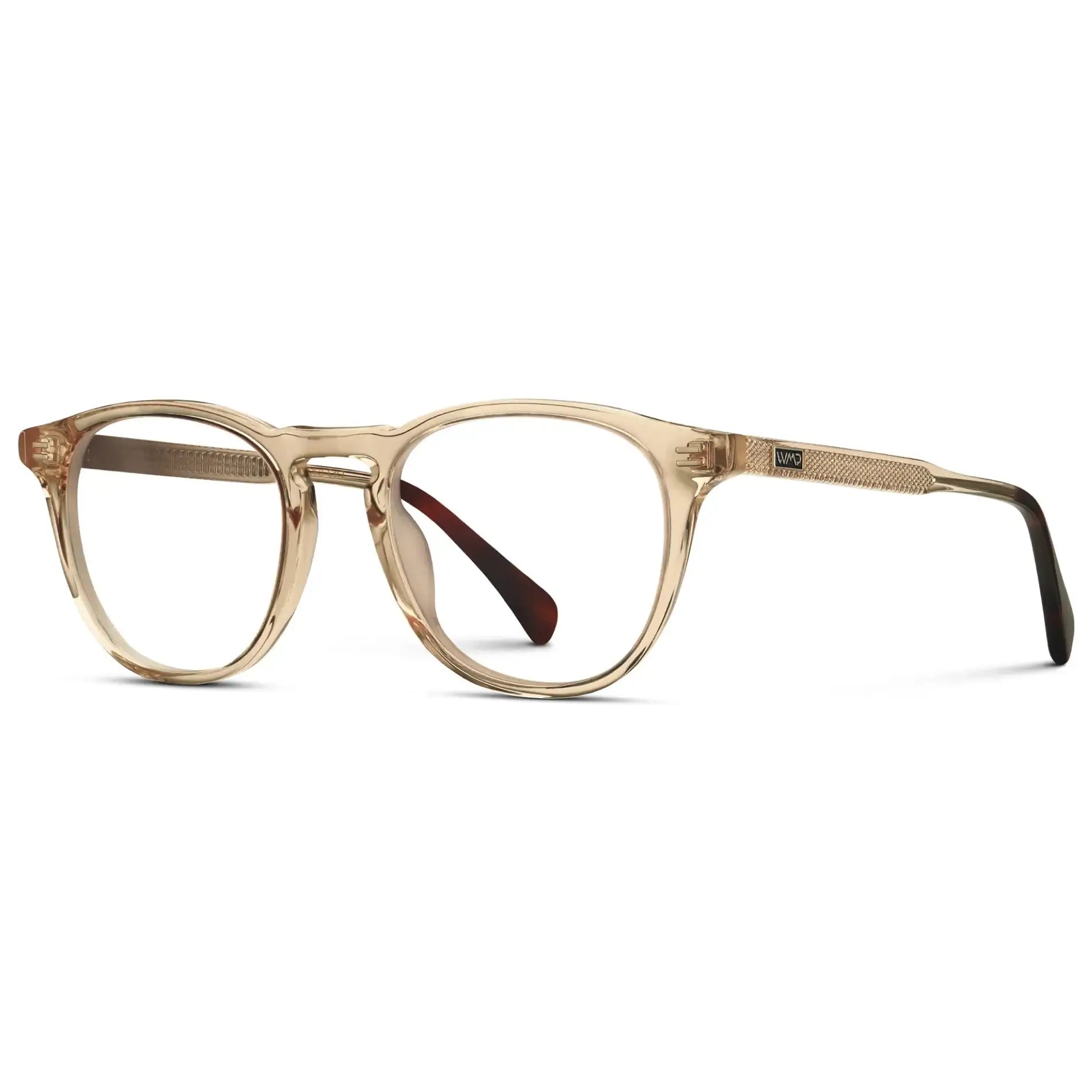 Sand Brown || Side view of Men's Round Prescription Glasses with Sand Brown Frame and Clear Lenses on a white background