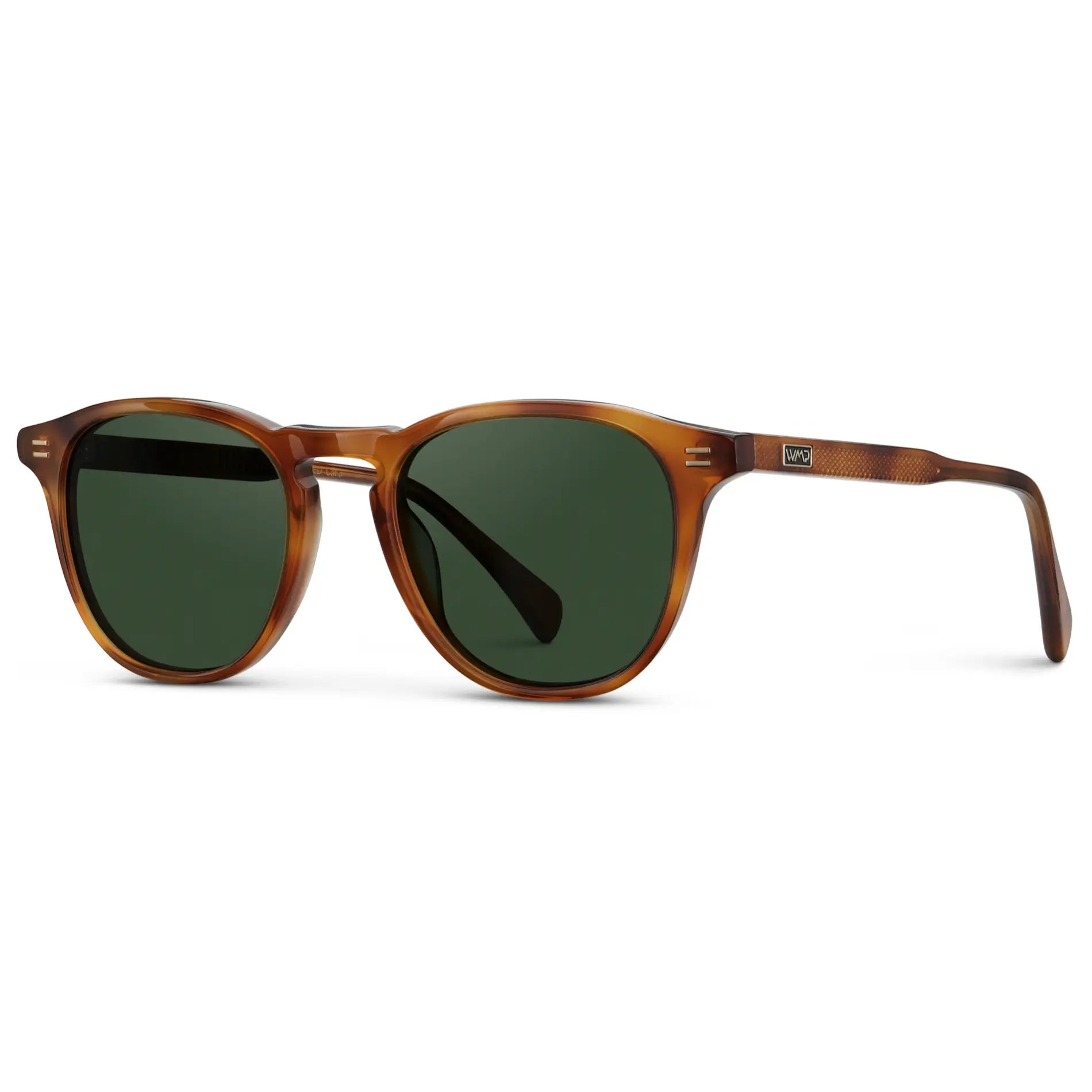 Honey Tortoise / Smoke Green Lens || Side view of Men's Round Polarized Sunglasses with Honey Tortoise Frame and Green Lenses on a white background
