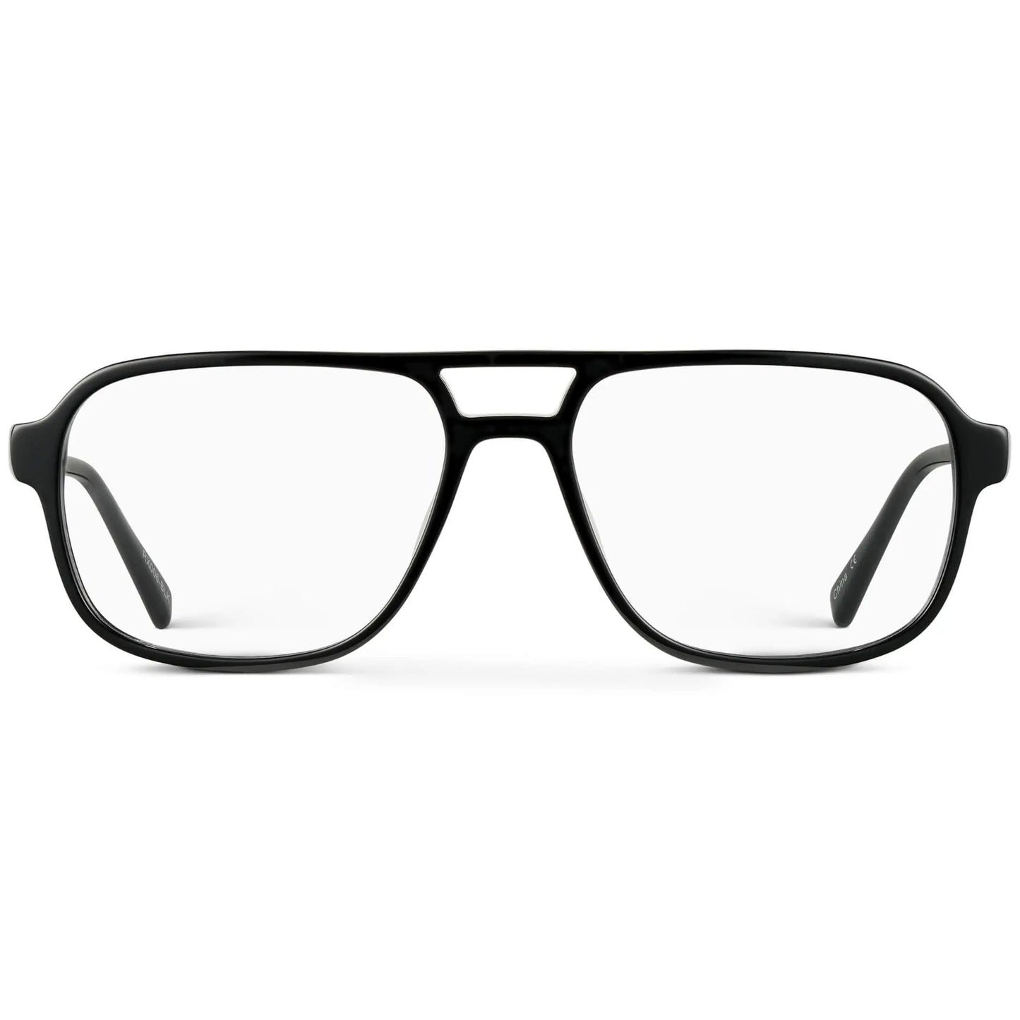 Black || Black Acetate Aviator Frame with Blue Light blocking clear lens on a white background 