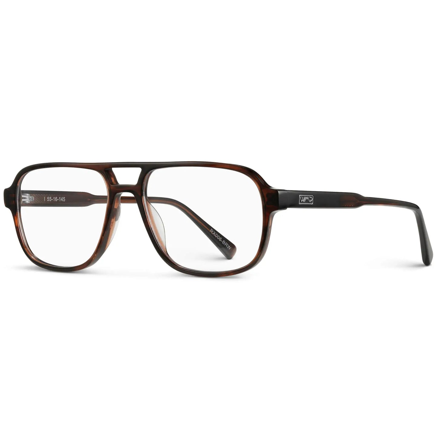 Mesquite Grain Brown || Side view of Brown Acetate frame with Blue Light blocking clear lens on a white background 
