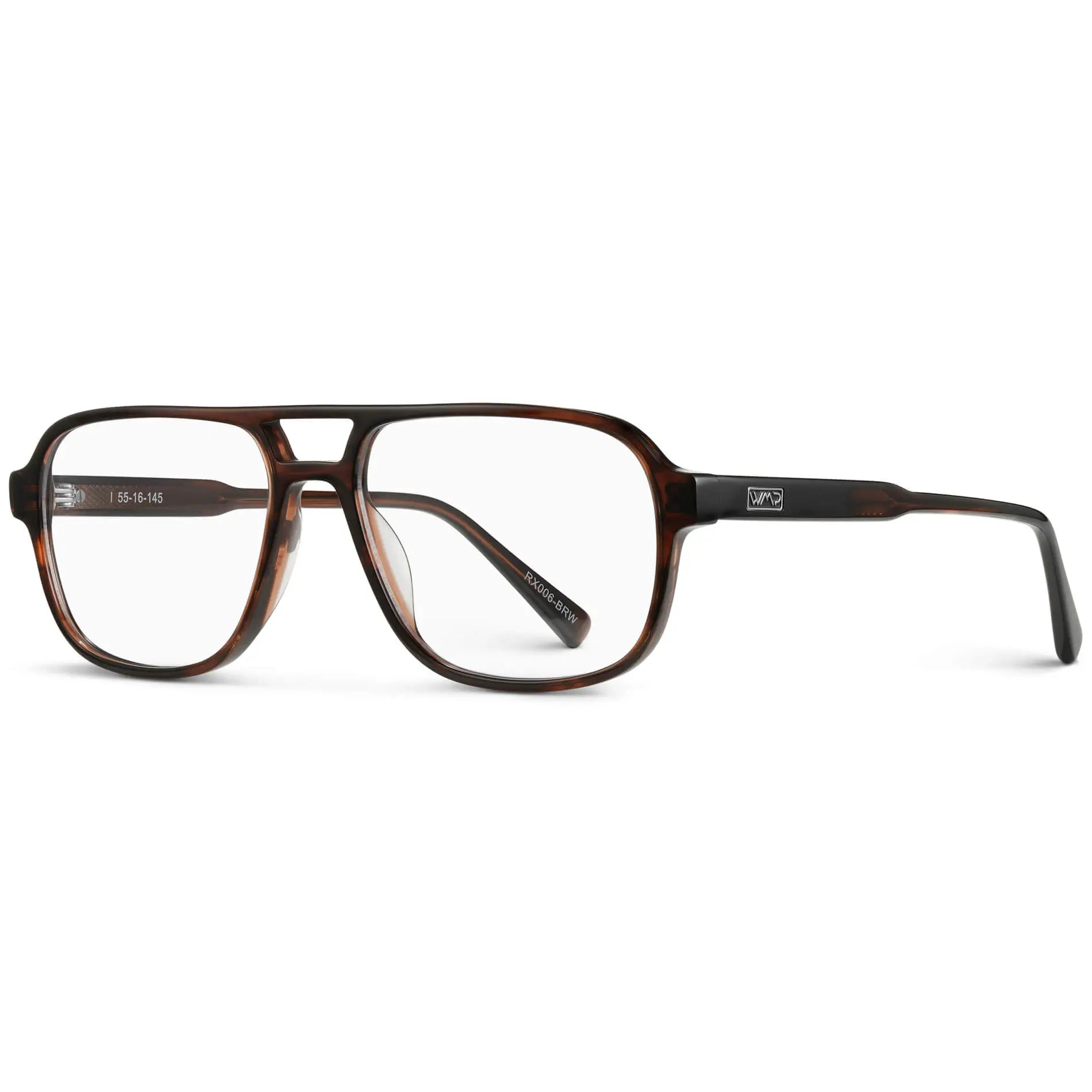 Mesquite Grain Brown || Side view of Brown Acetate frame with Blue Light blocking clear lens on a white background 