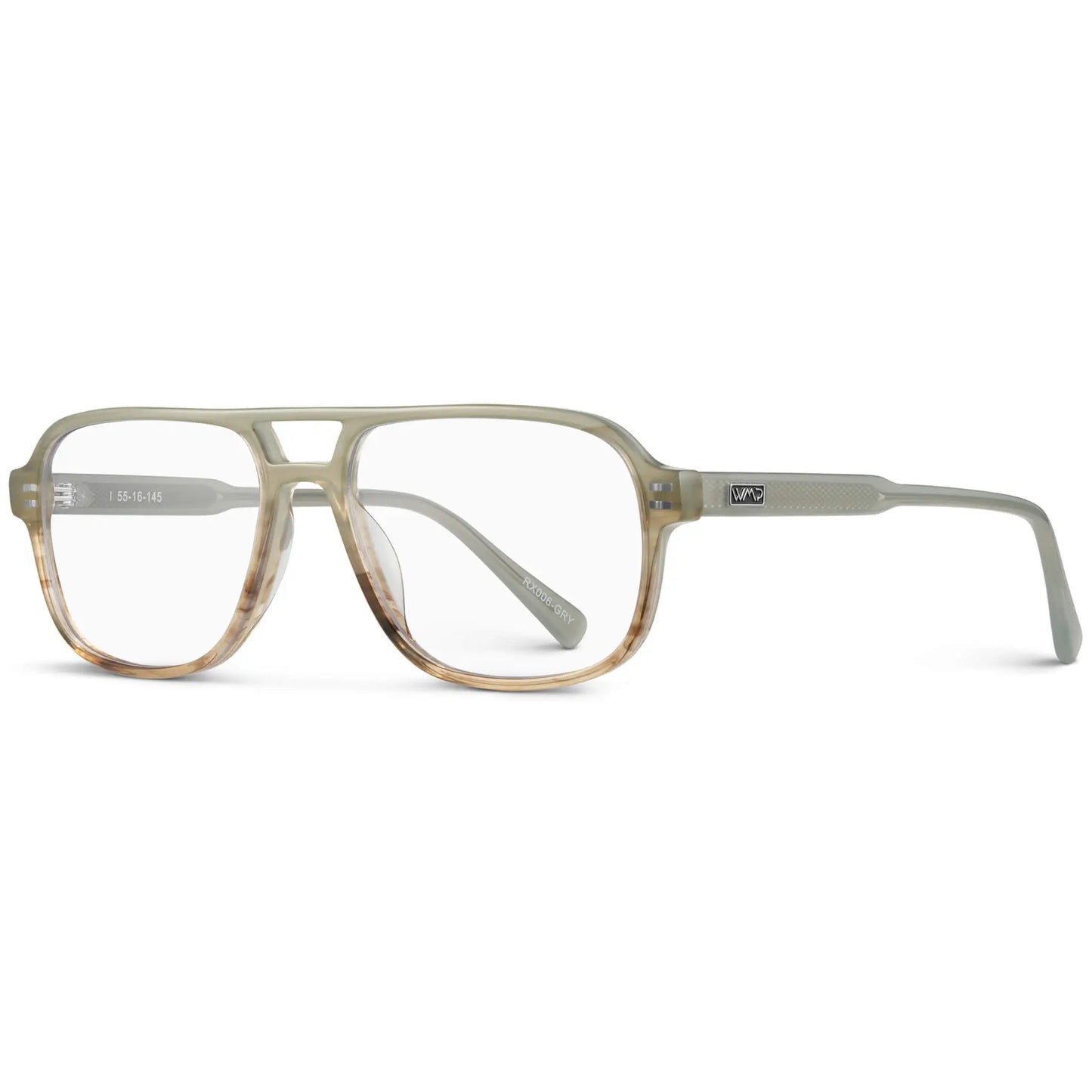 Grey Agate || Side view of Grey Acetate frame with Blue Light blocking clear lens on a white background 