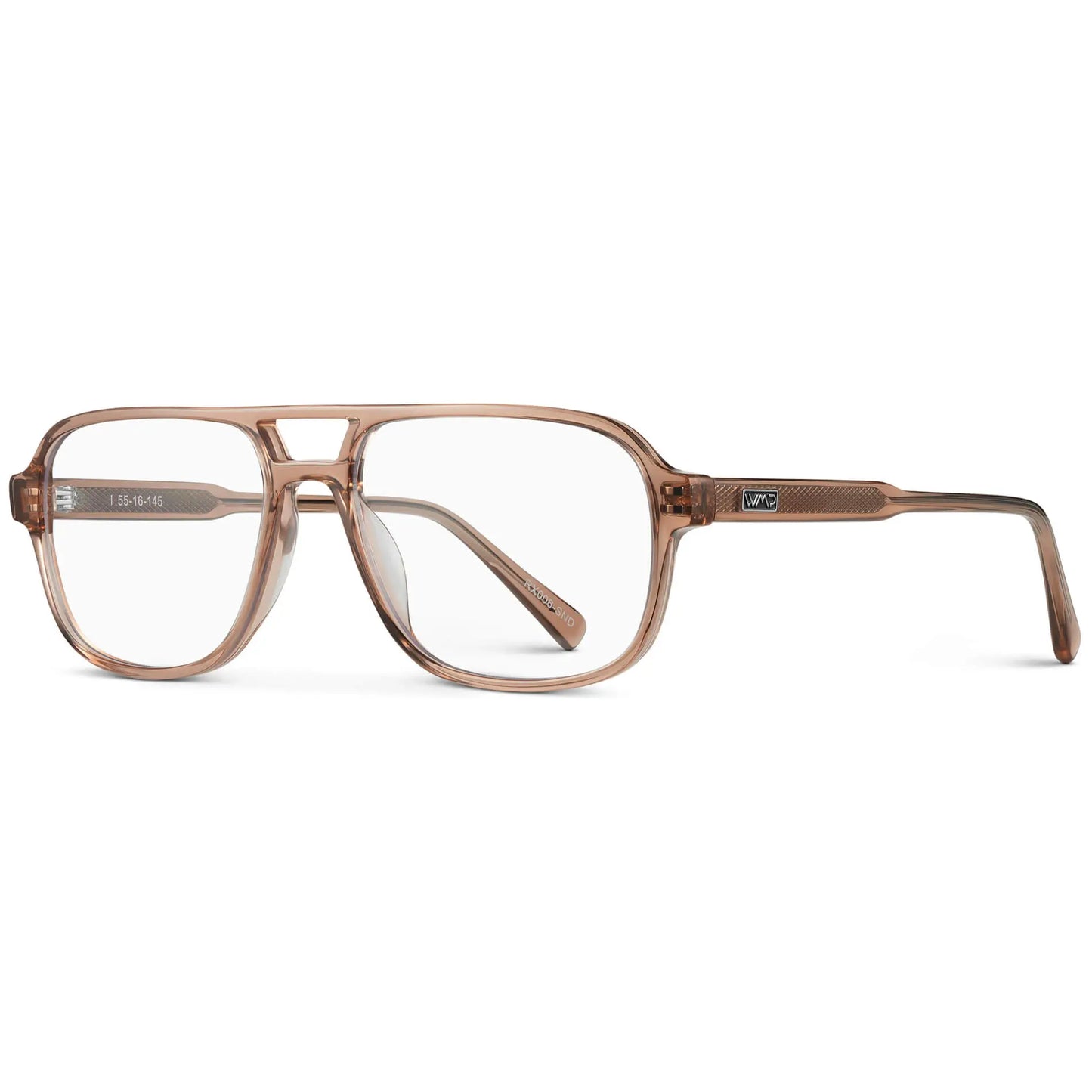Light Crystal Brown || Side view of Light Brown Acetate frame with Blue Light blocking clear lens on a white background 