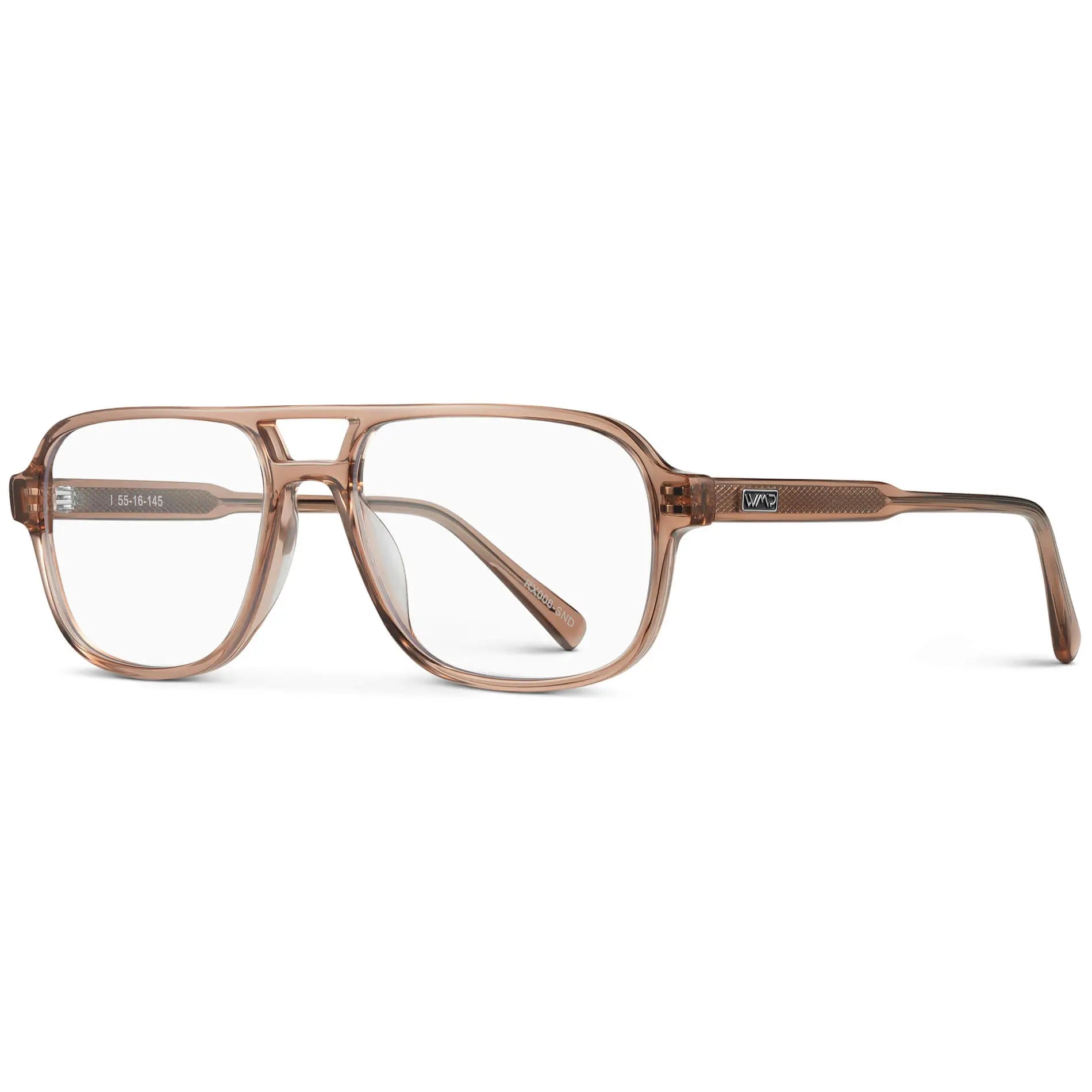 Light Crystal Brown || Side view of Light Brown Acetate frame with Blue Light blocking clear lens on a white background 