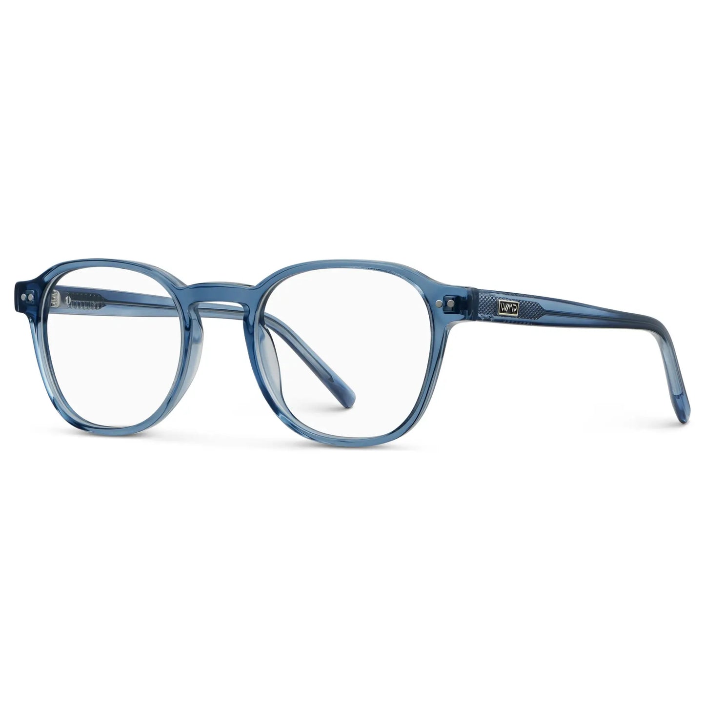 Pacific Blue || Side view of Men's Modern Geometric Square Eyeglasses with Pacific Blue Acetate Frame and Clear Prescriptions Lens on a white background