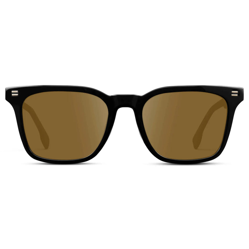 Black / Amber || Men's Classic Rectangular Golf and Sport Prescription Sunglasses with Black Acetate Frame and Amber Prescription Lens on a white background