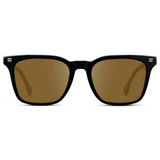 Black / Amber || Men's Classic Rectangular Golf and Sport Prescription Sunglasses with Black Acetate Frame and Amber Prescription Lens