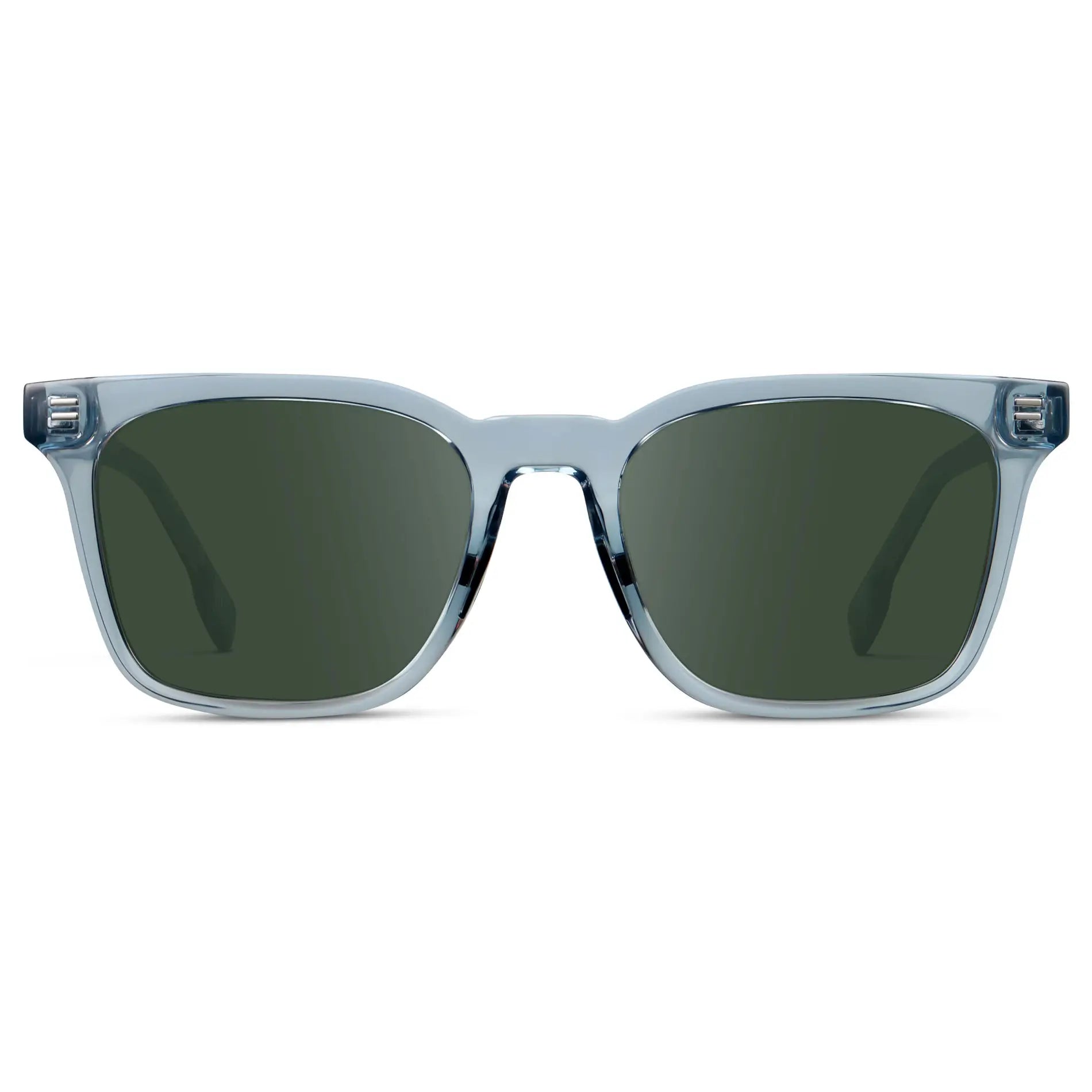 Denim Blue / G15 || Men's Classic Rectangular Golf and Sport Prescription Sunglasses with Blue Acetate Frame and Green Prescription Lens on a white background
