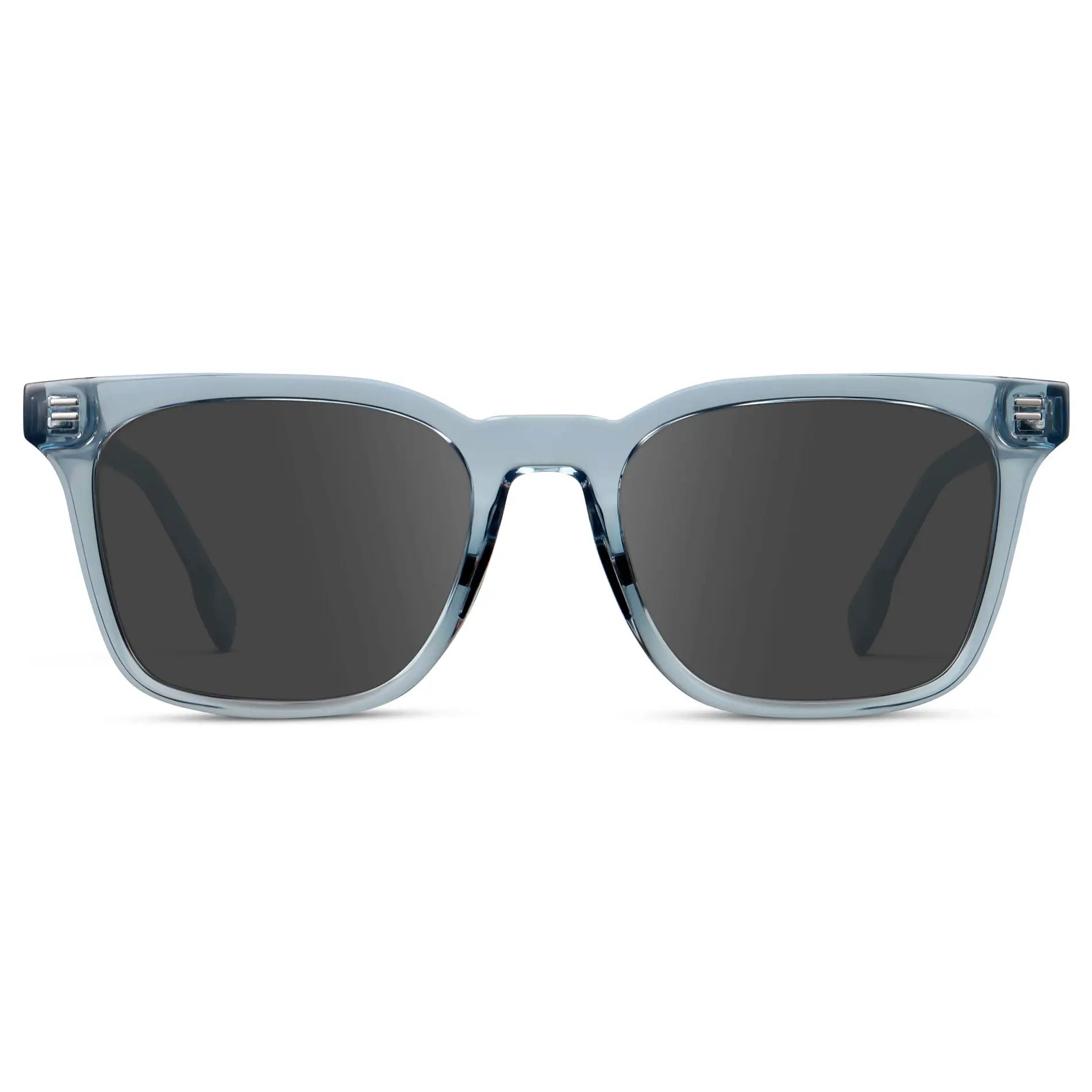 Denim Blue / Grey || Men's Classic Rectangular Golf and Sport Prescription Sunglasses with Blue Acetate Frame and Grey Prescription Lens on a white background