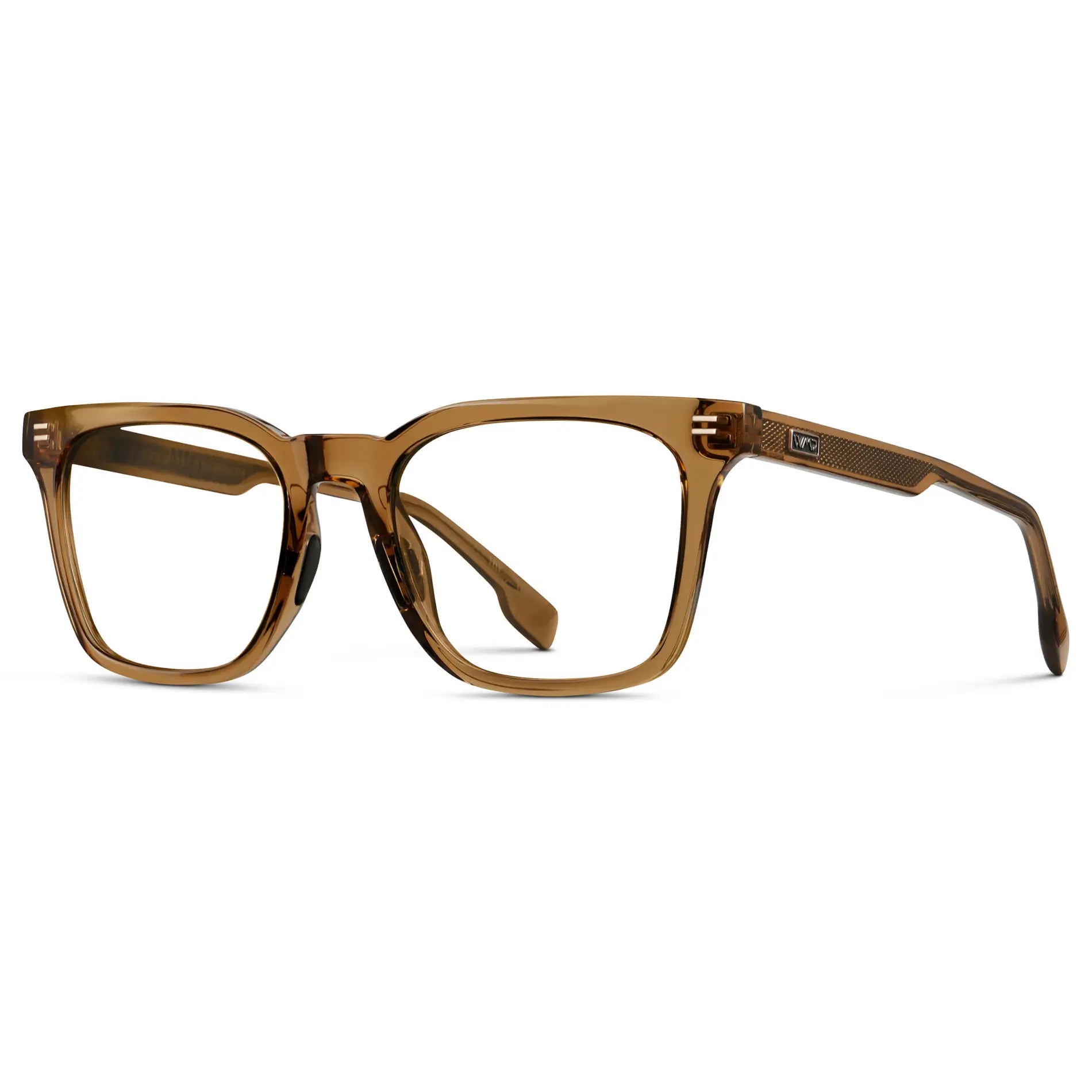 Crystal Brown || Side view of Men's Classic Rectangular Golf and Sport Eyeglasses with Crystal Brown Acetate Frame and Clear Prescription Lens on a white background