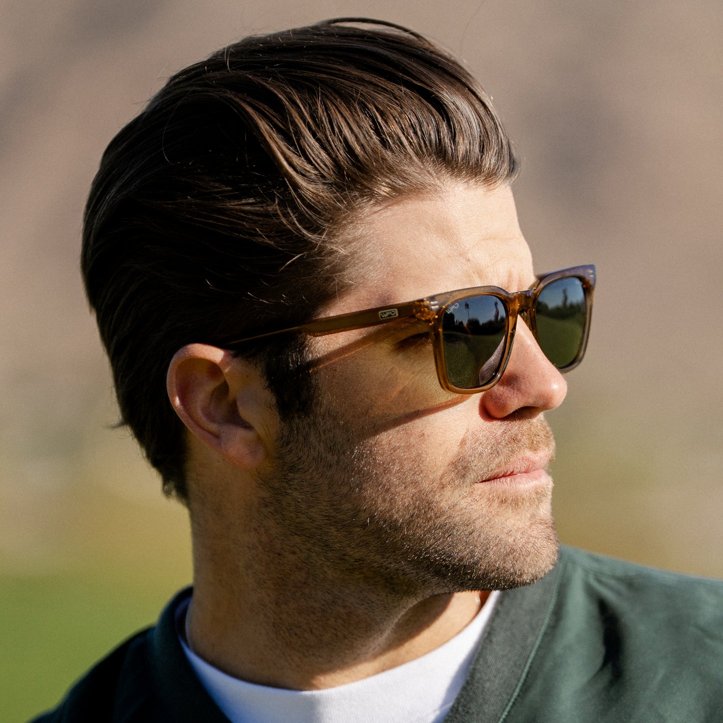 Crystal Brown / Smoke Green Lens || Men's Classic Rectangular Golf and Sport Sunglasses with Crystal Brown Acetate Frame and Smoke Green Polarized Oleophobic Lens