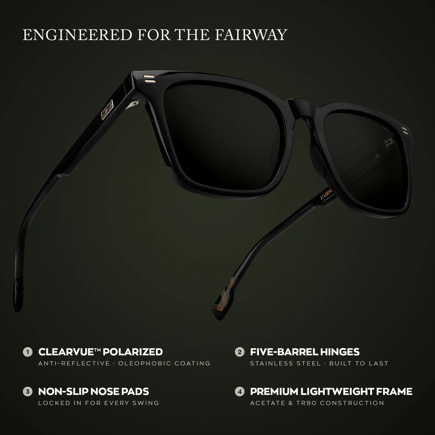 Black / Black Lens || Men's Classic Rectangular Golf and Sport Sunglasses with Black Acetate Frame and Black Polarized Oleophobic Lens