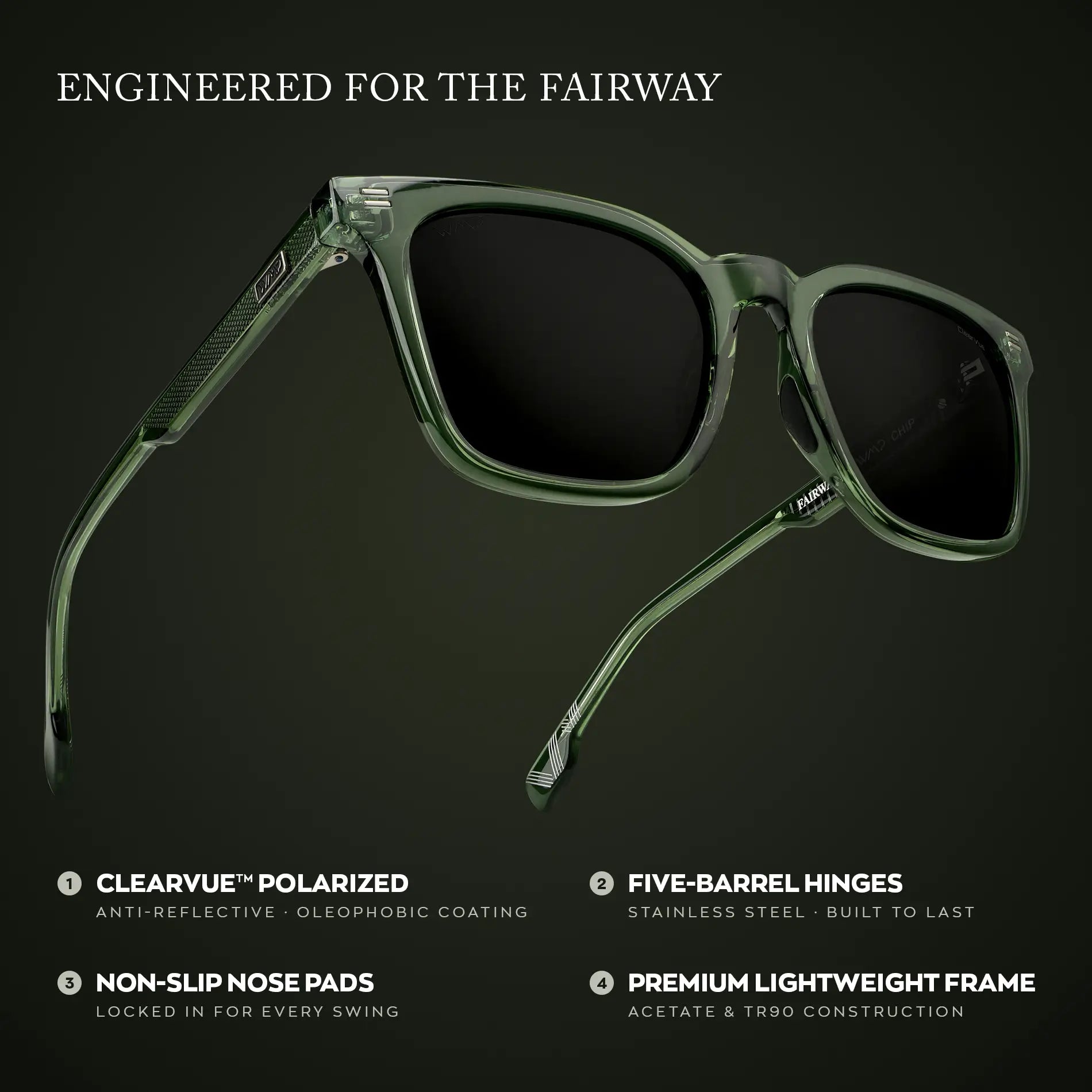 Crystal Agave Green / Black Lens || Men's Classic Rectangular Golf and Sport Sunglasses with Crystal Agave Green Acetate Frame and Black Polarized Oleophobic Lens