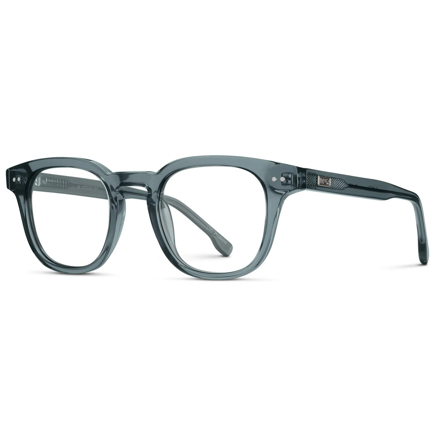 Crystal Stone Blue || Side view of Men's Square Prescription Eyeglasses with Crystal Blue Acetate Frame and Clear Prescription Lenses on a white background