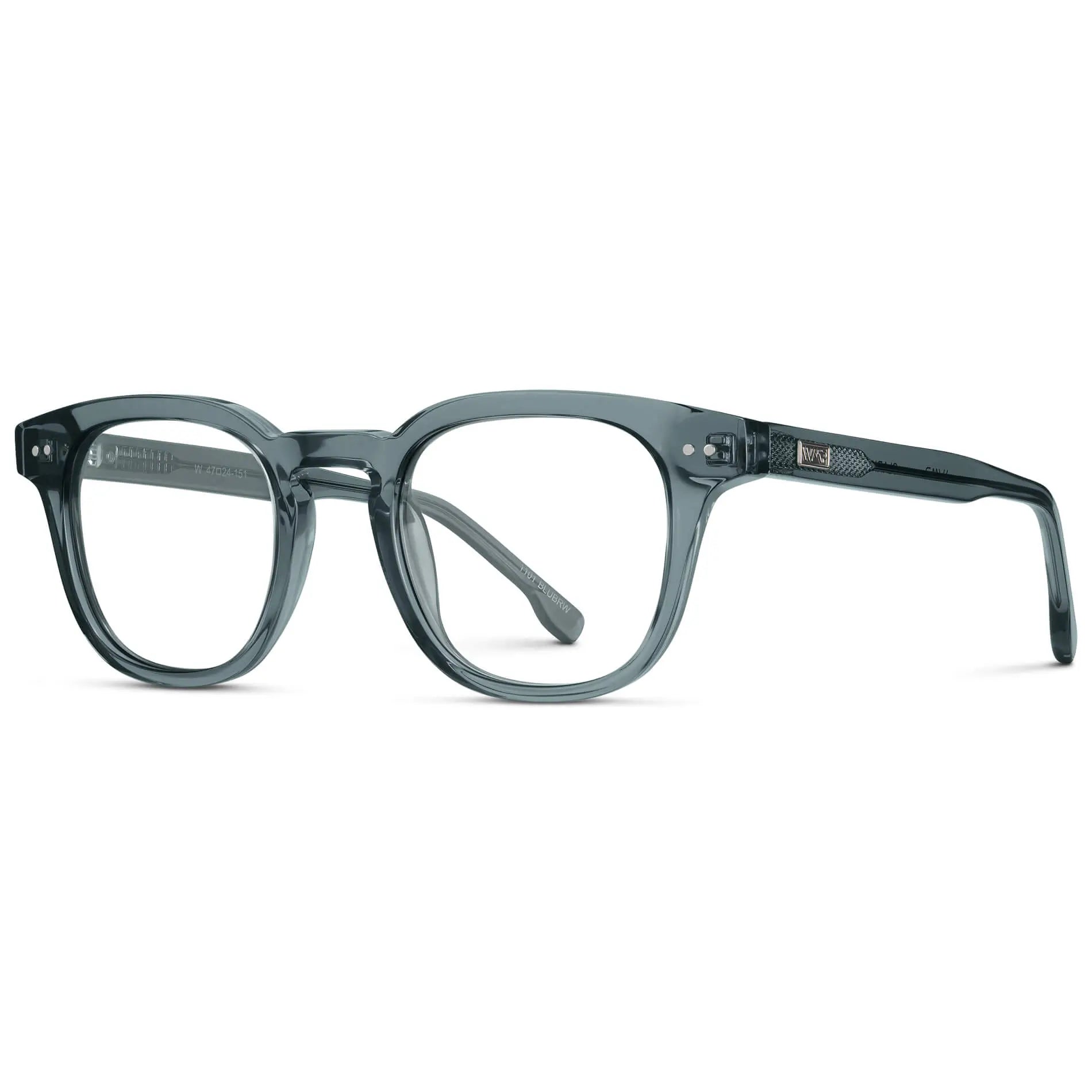 Crystal Stone Blue || Side view of Men's Square Prescription Eyeglasses with Crystal Blue Acetate Frame and Clear Prescription Lenses on a white background