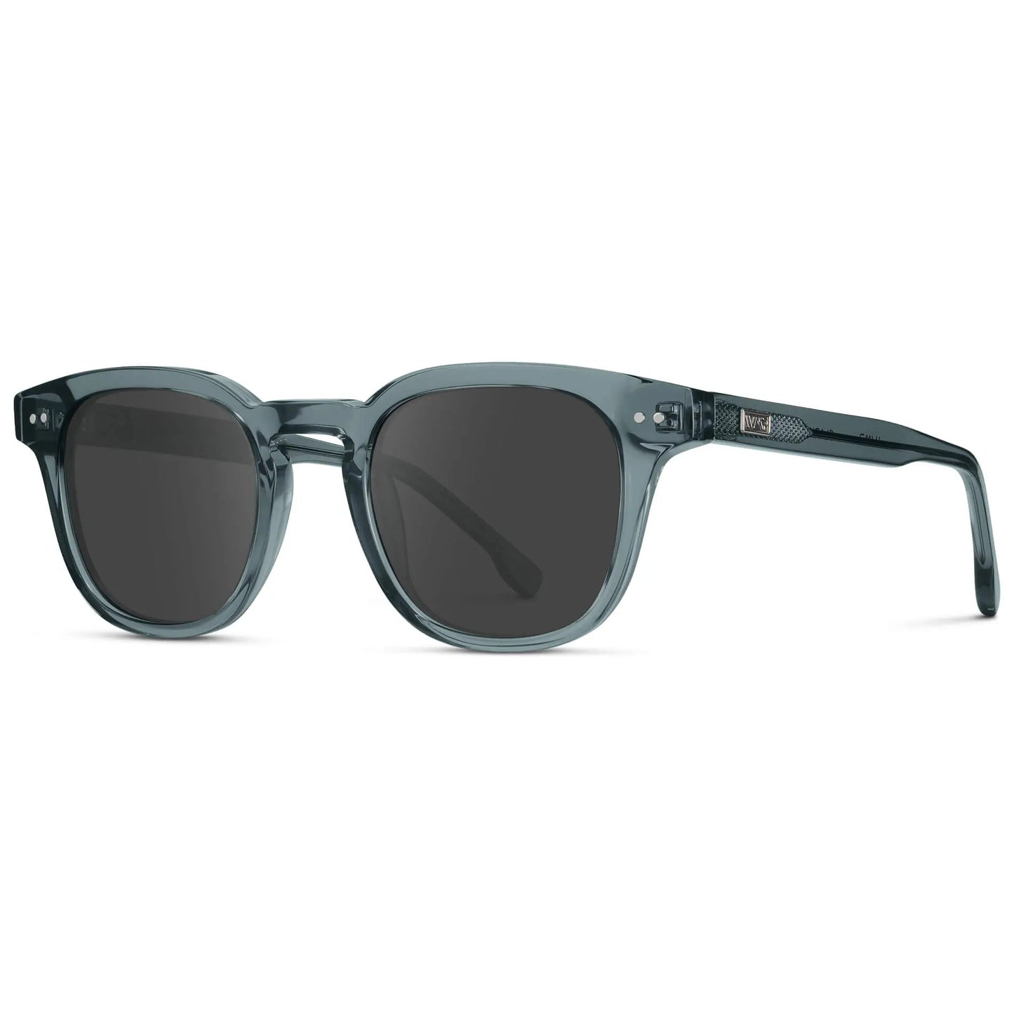 Crystal Stone Blue / Grey || Side view of Men's Square Prescription Sunglasses with Blue Acetate Frame and Grey Prescription Lenses