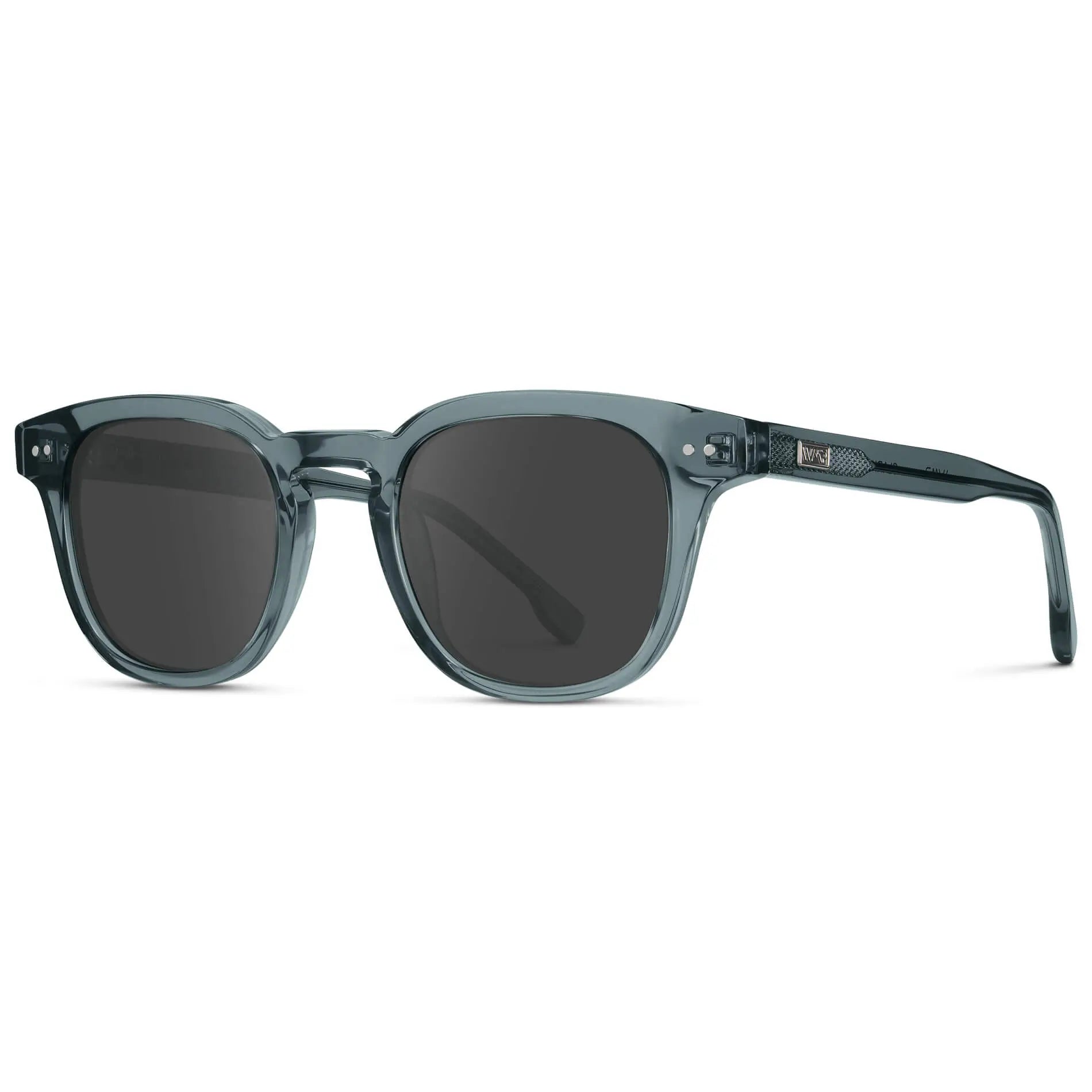 Crystal Stone Blue / Grey || Side view of Men's Square Prescription Sunglasses with Blue Acetate Frame and Grey Prescription Lenses