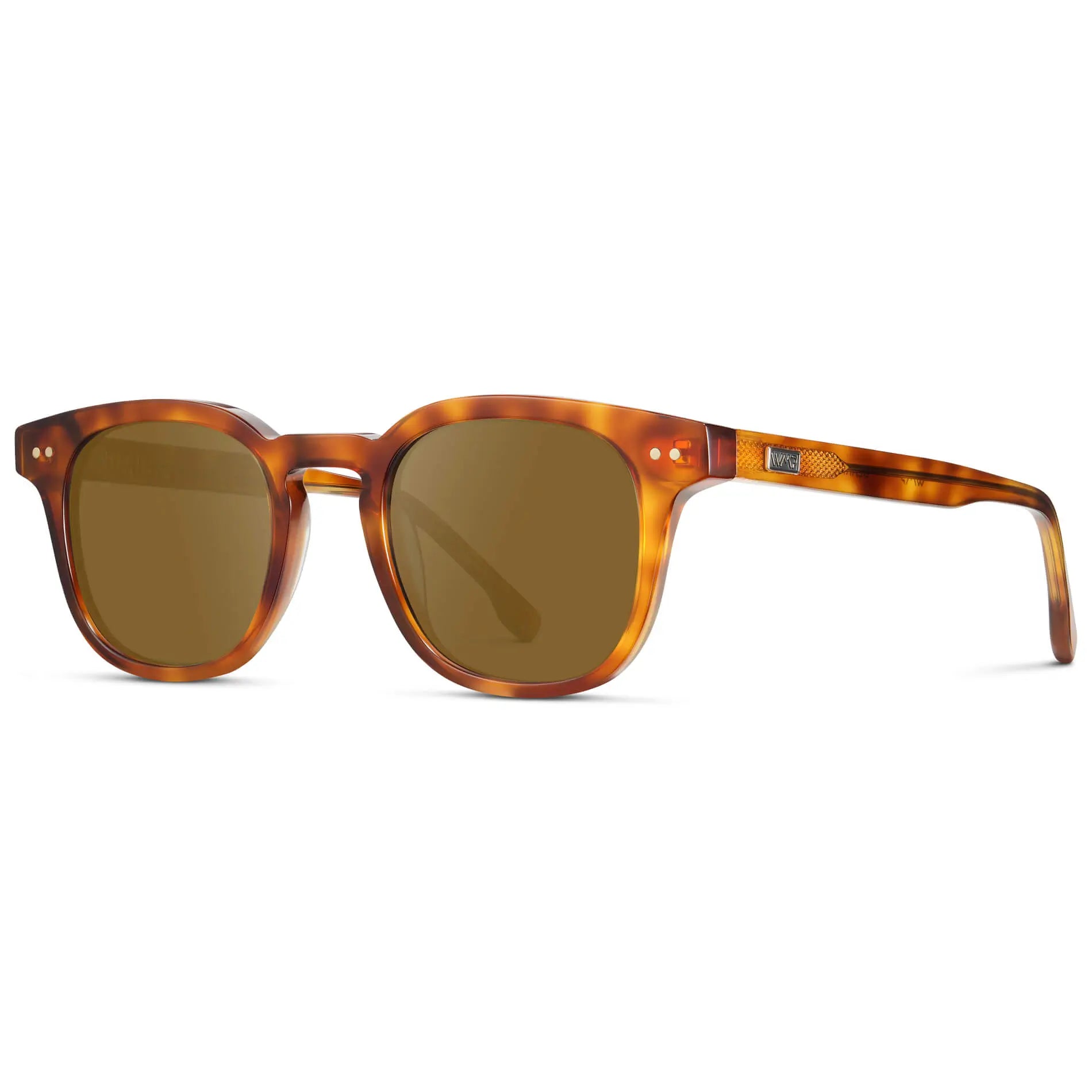 Saddlewood Tortoise / Amber || Side view of Men's Square Prescription Sunglasses with Orange Tortoise Acetate Frame and Brown Prescription Lenses