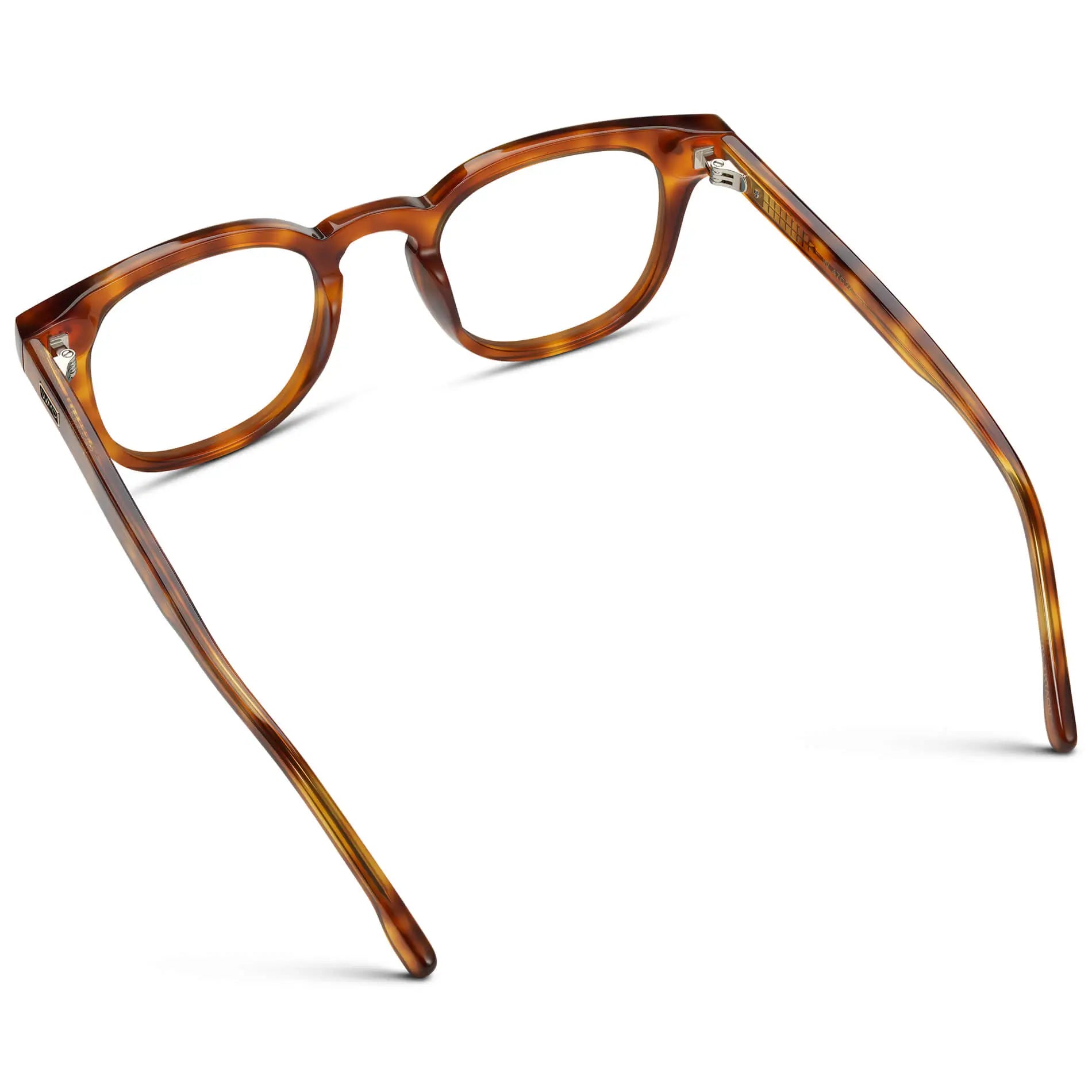 Saddlewood Tortoise || Back view of Men's Square Prescription Eyeglasses with Orange Tortoise Acetate Frame and Clear Prescription Lenses on a white background