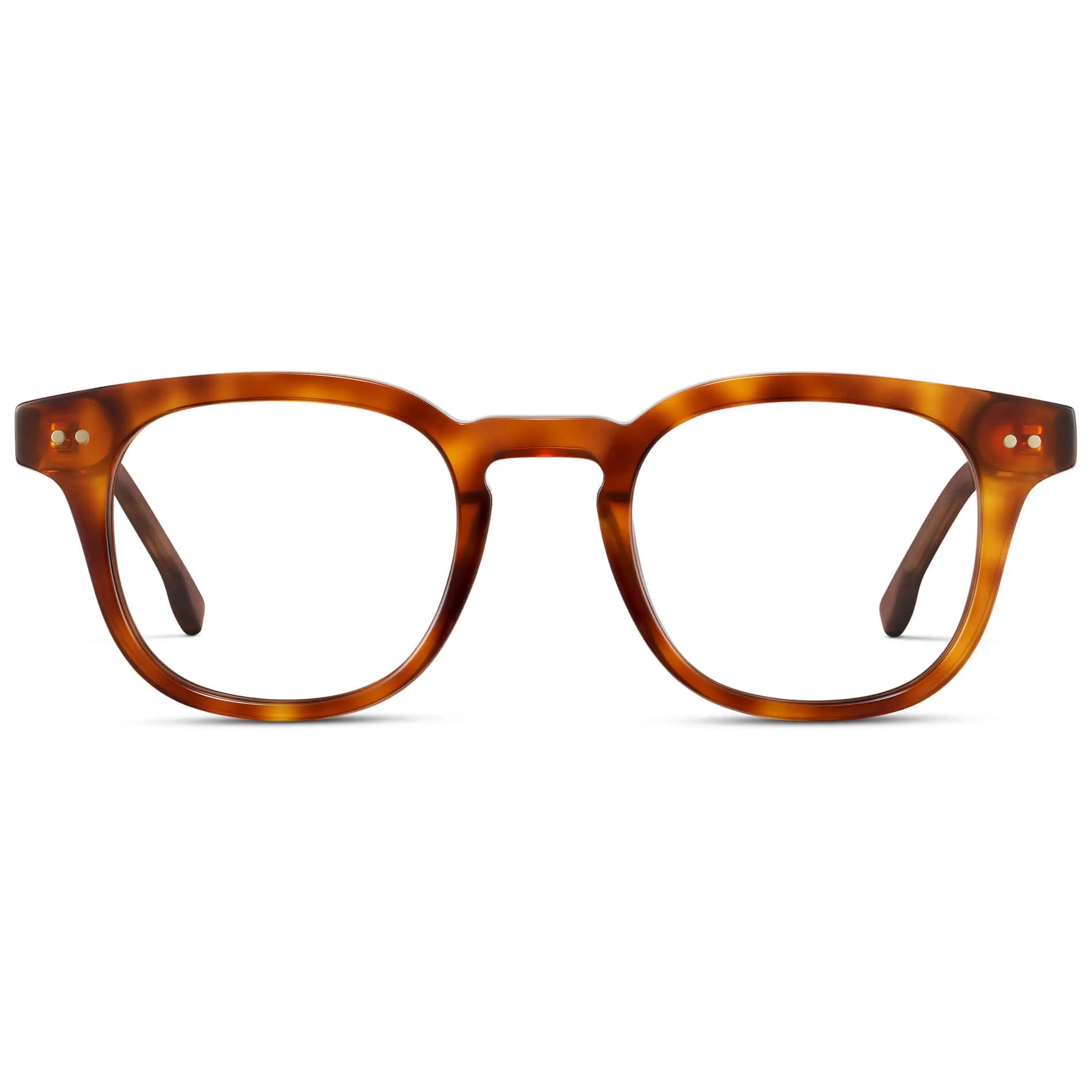 Saddlewood Tortoise || Men's Square Prescription Eyeglasses with Orange Tortoise Acetate Frame and Clear Prescription Lenses on a white background