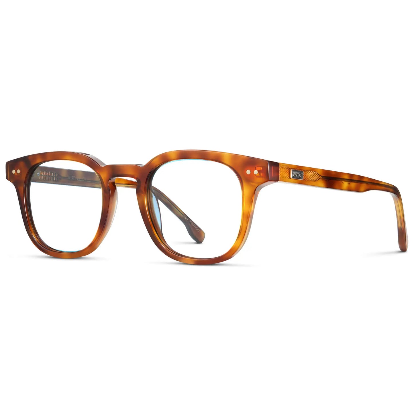 Saddlewood Tortoise || Side view of Men's Square Prescription Eyeglasses with Orange Tortoise Acetate Frame and Clear Prescription Lenses on a white background