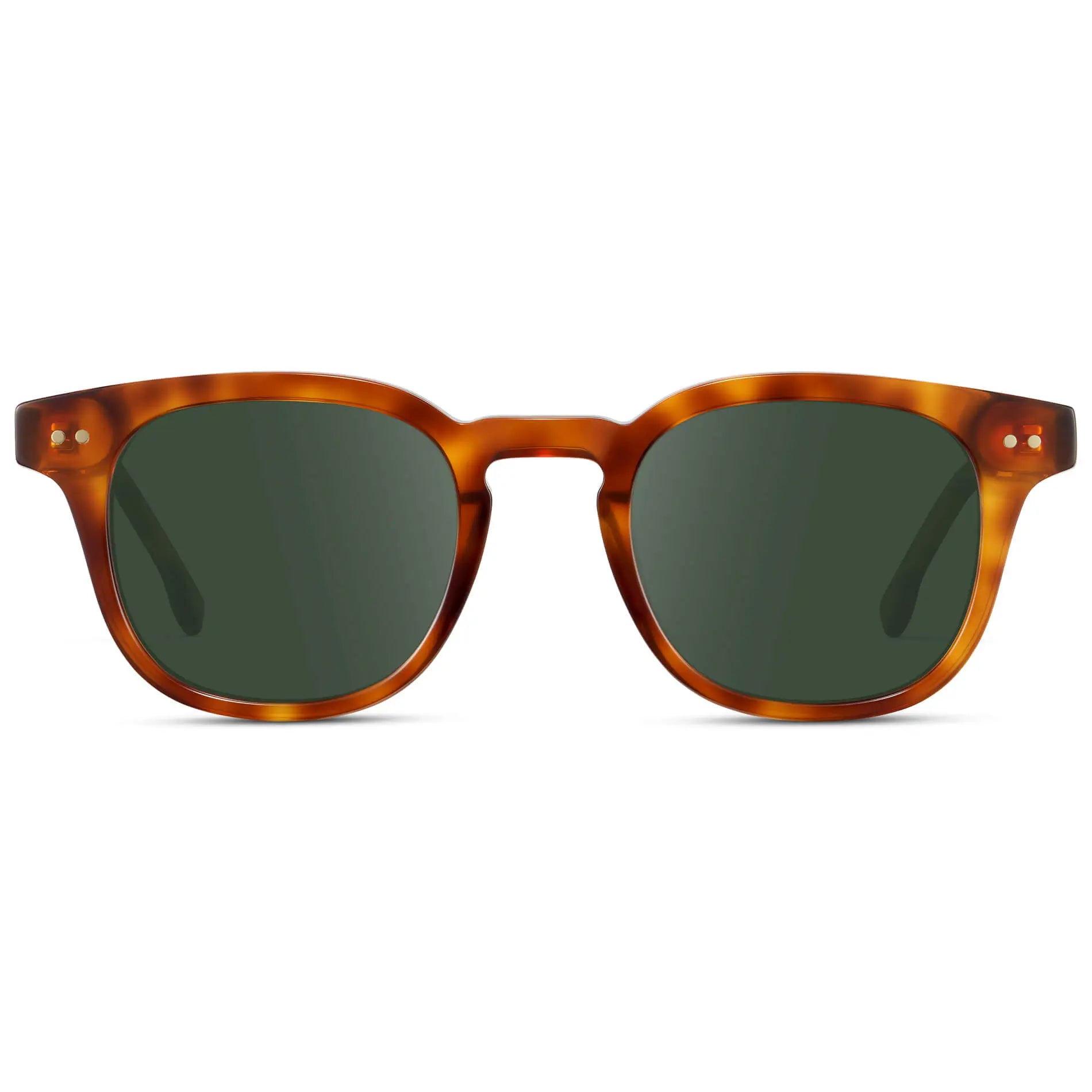 Saddlewood Tortoise / G15 || Front view of Men's Square Prescription Sunglasses with Orange Tortoise Acetate Frame and Green Prescription Lenses