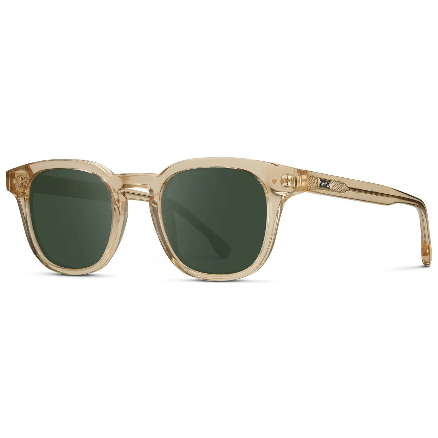 Crystal Champagne / G15 || Side view of Men's Square Prescription Sunglasses with Crystal Yellow Acetate Frame and Green Prescription Lenses