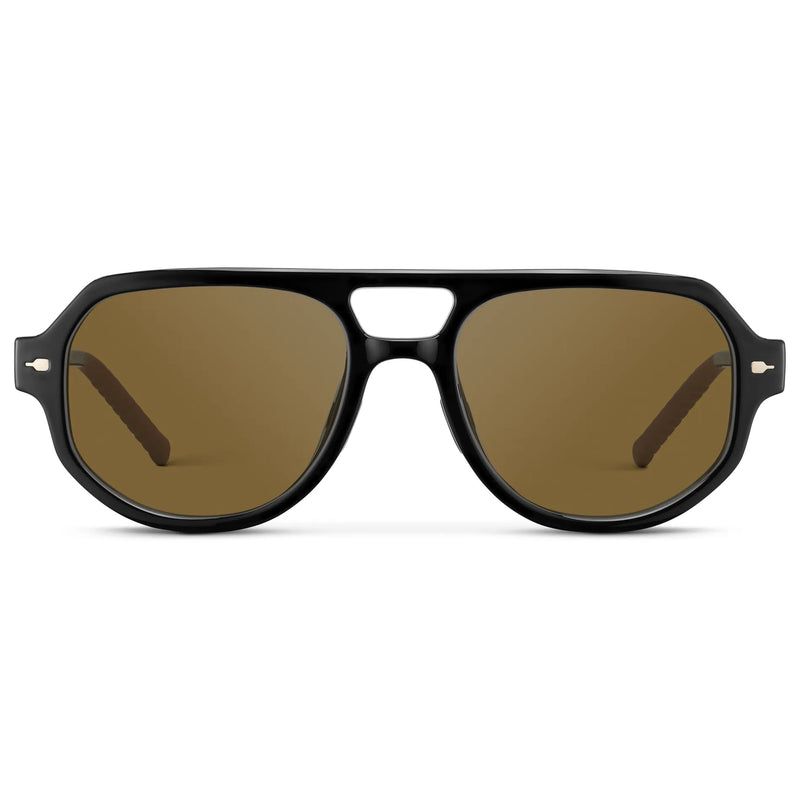 Black / Amber || Men's Geometric Aviator Prescription Sunglasses with Black Frame and Amber Lens on a white background
