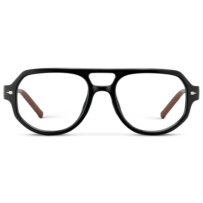 Black || Men's Geometric Aviator Prescription Eyeglasses with Black Frame and Clear Lens on a white background