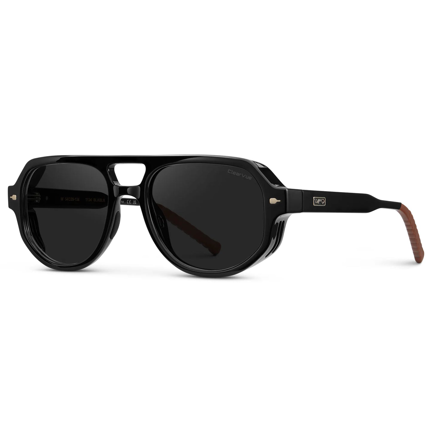 Black / Black Lens || Side view of Men's Geometric Aviator Sunglasses with Black Frame and Black Lens on a white background