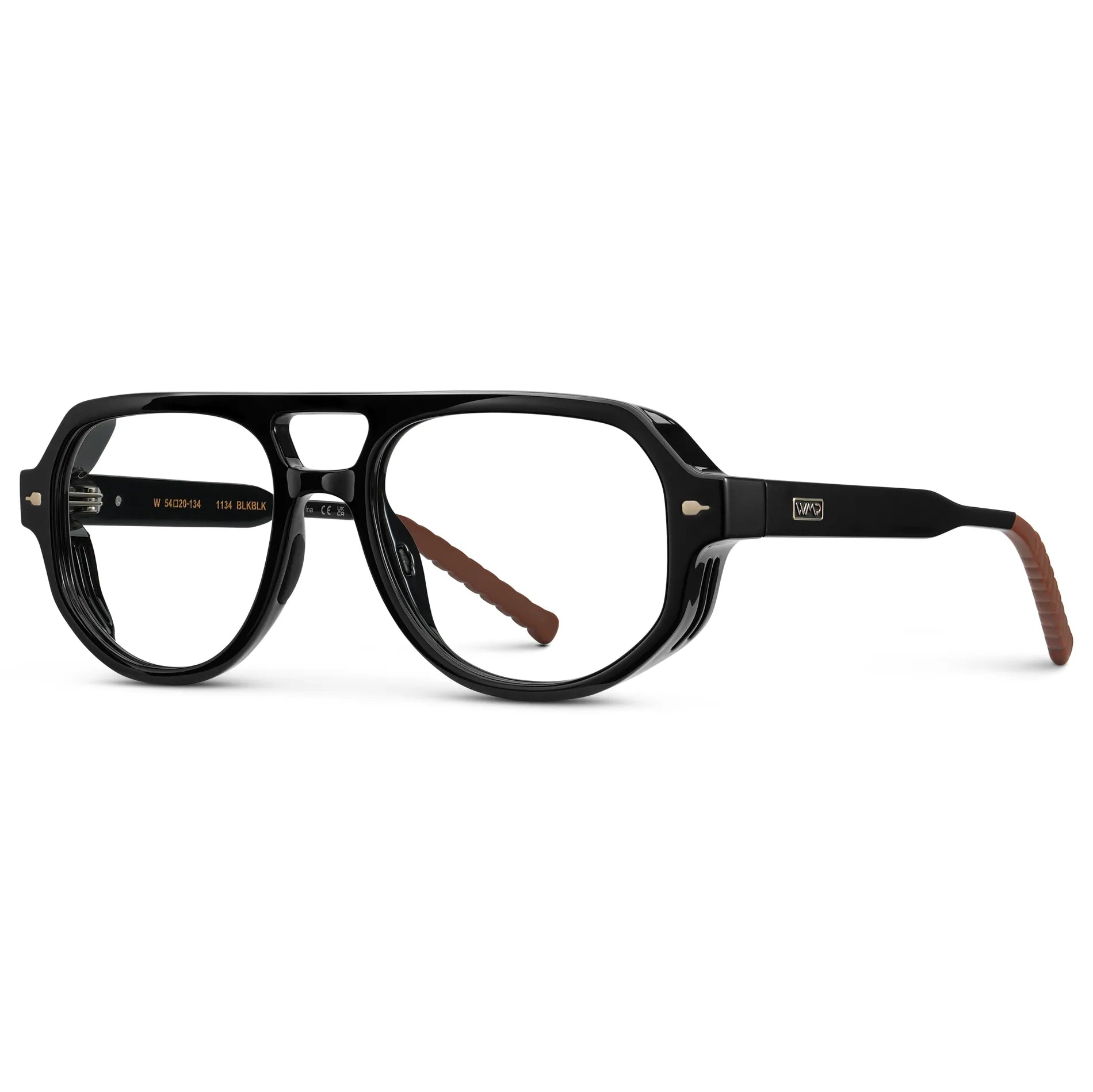 Black || Side view of Men's Geometric Aviator Prescription Eyeglasses with Black Frame and Clear Lens on a white background