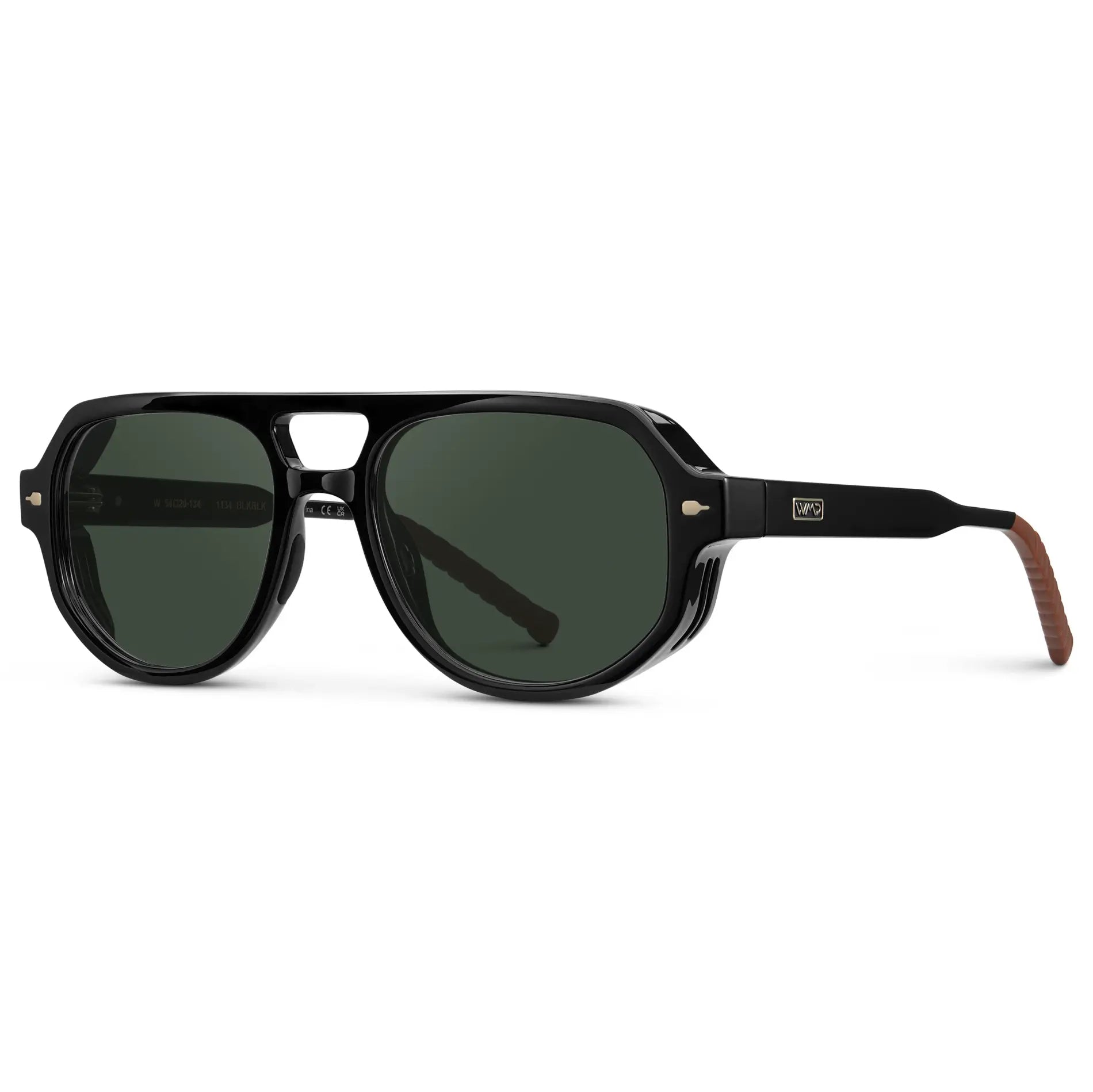 Black / G15 || Side view of Men's Geometric Aviator Prescription Sunglasses with Black Frame and Green Lens on a white background