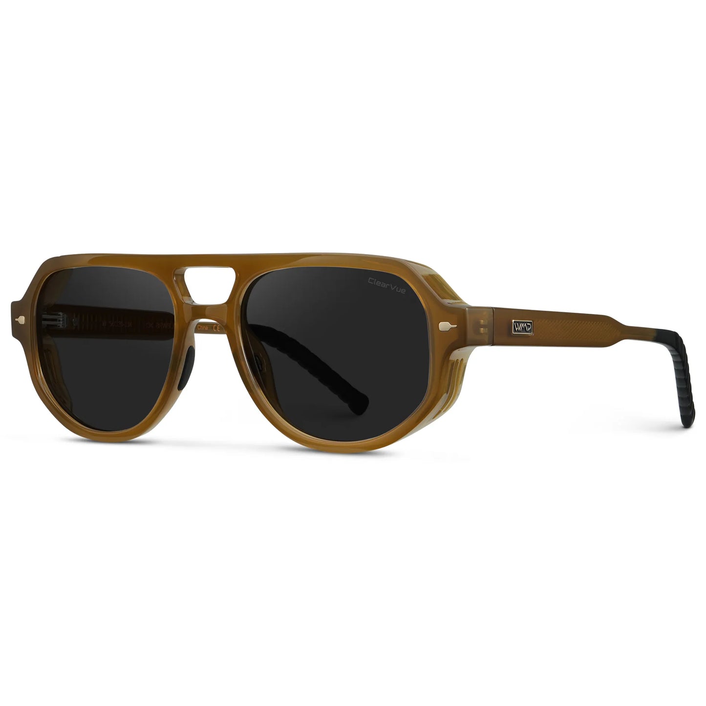 Dune Brown / Black Lens || Side view of Men's Geometric Aviator Sunglasses with Dune Brown Frame and Black Lens on a white background
