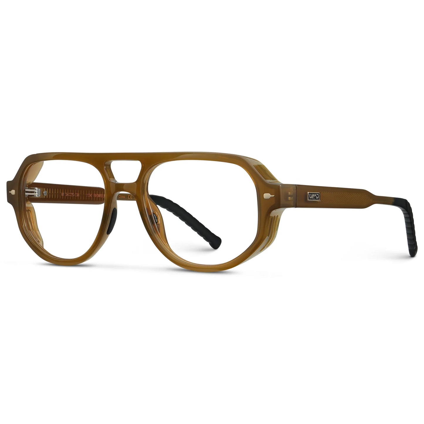 Dune Brown || Side view of Men's Geometric Aviator Prescription Eyeglasses with Dune Brown Frame and Clear Lens on a white background