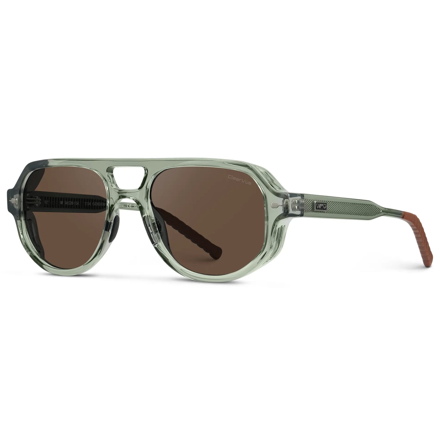Sage Green / Brown Lens || Side view of Men's Geometric Aviator Sunglasses with Sage Green Frame and Brown Lens on a white background