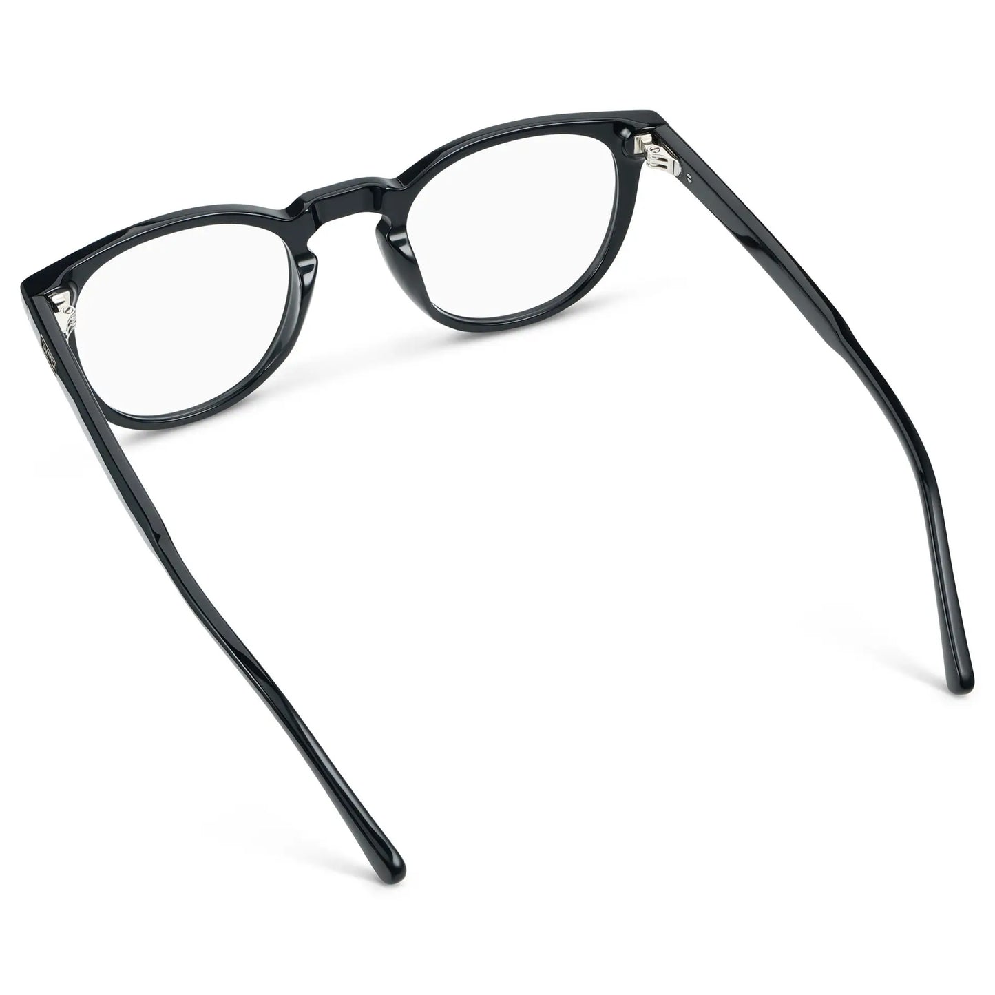 Black || Back view of Round Blue Light Glasses with Black Acetate Frame and Clear Blue Light Blocking Lens on a white background