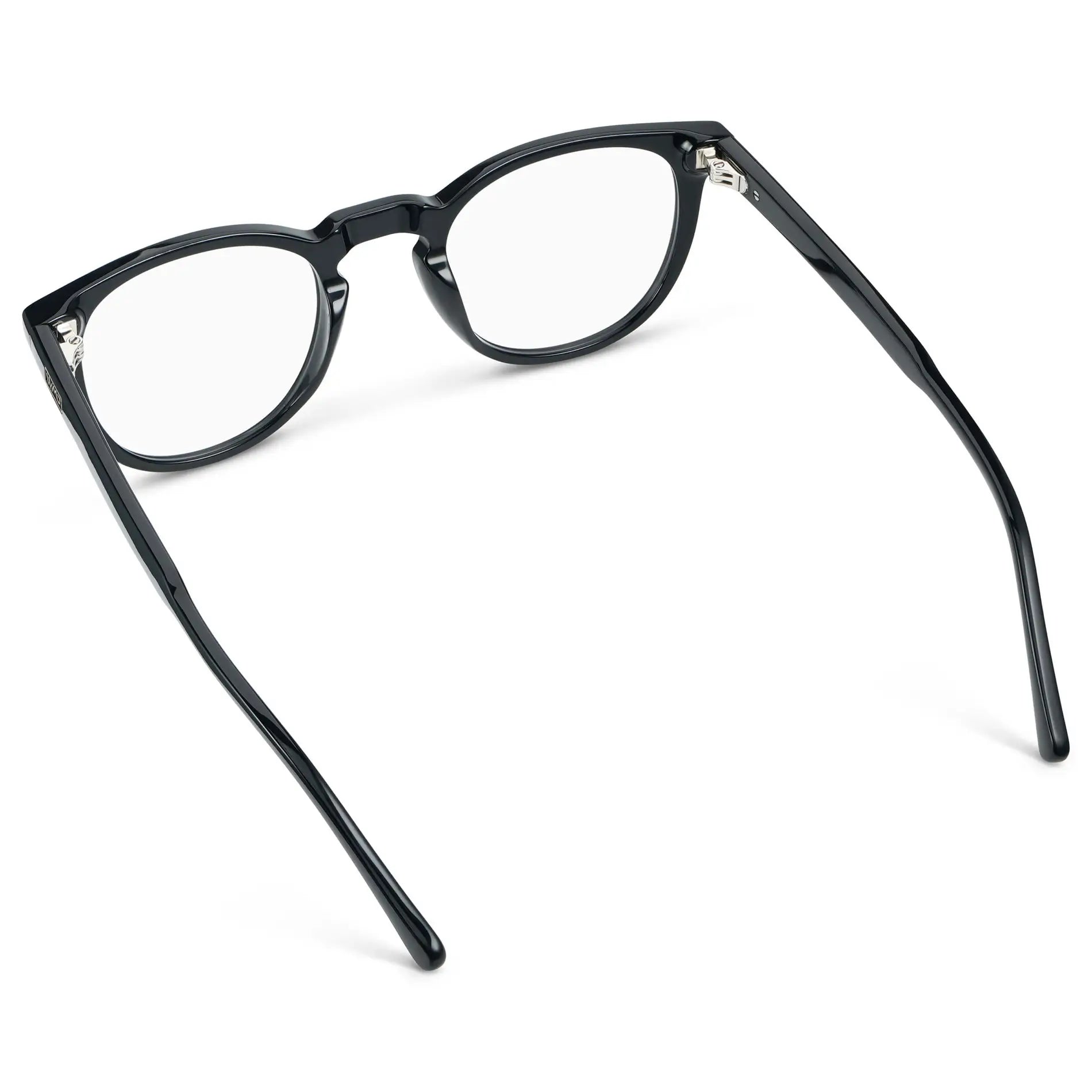 Black || Back view of Women's Round Eyeglasses with Black Acetate Frame and Clear Prescription Lens on a white background