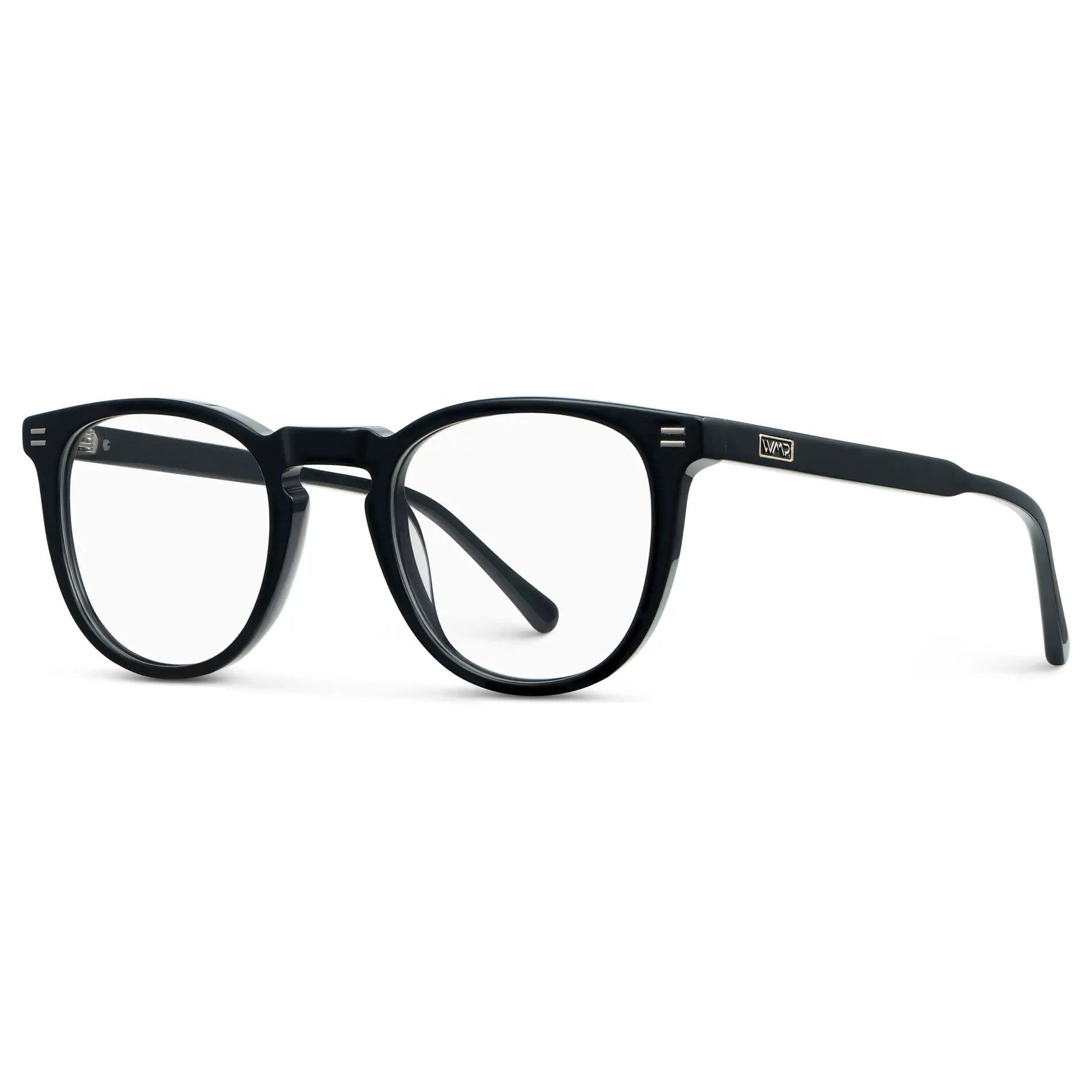 Black || Side view of Women's Round Eyeglasses with Black Acetate Frame and Clear Prescription Lens on a white background