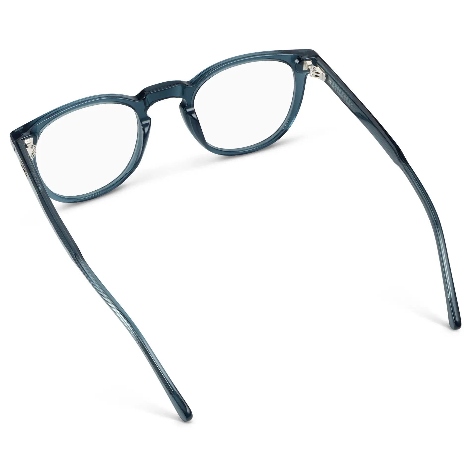 Crystal Steel Blue || Back view of Women's Round Eyeglasses with Crystal Steel Blue Acetate Frame and Clear Prescription Lens on a white background