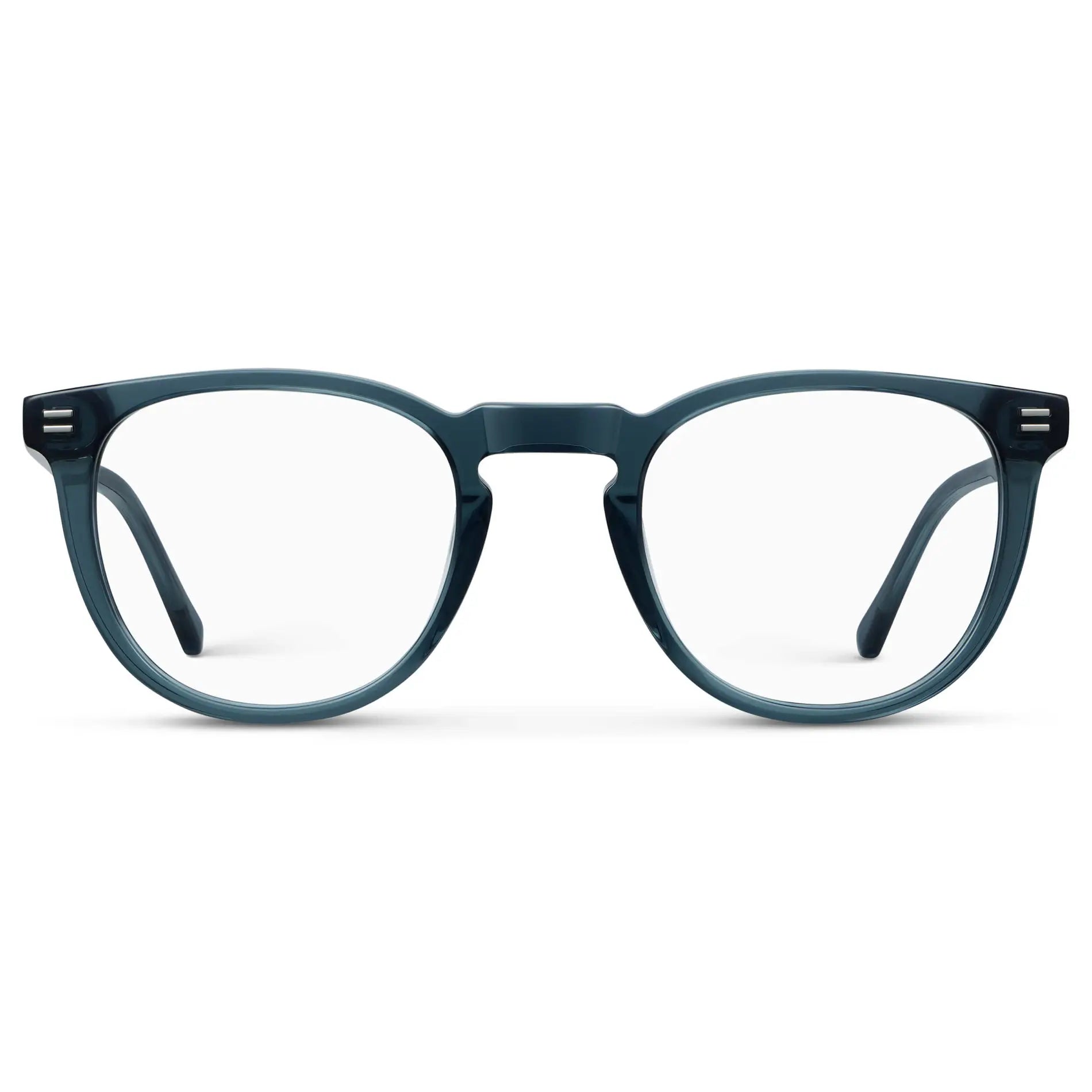 Crystal Steel Blue || Women's Round Blue Light Blocking Glasses with Crystal Steel Blue Acetate Frame and Clear Blue Light Blocking Lens on a white background 