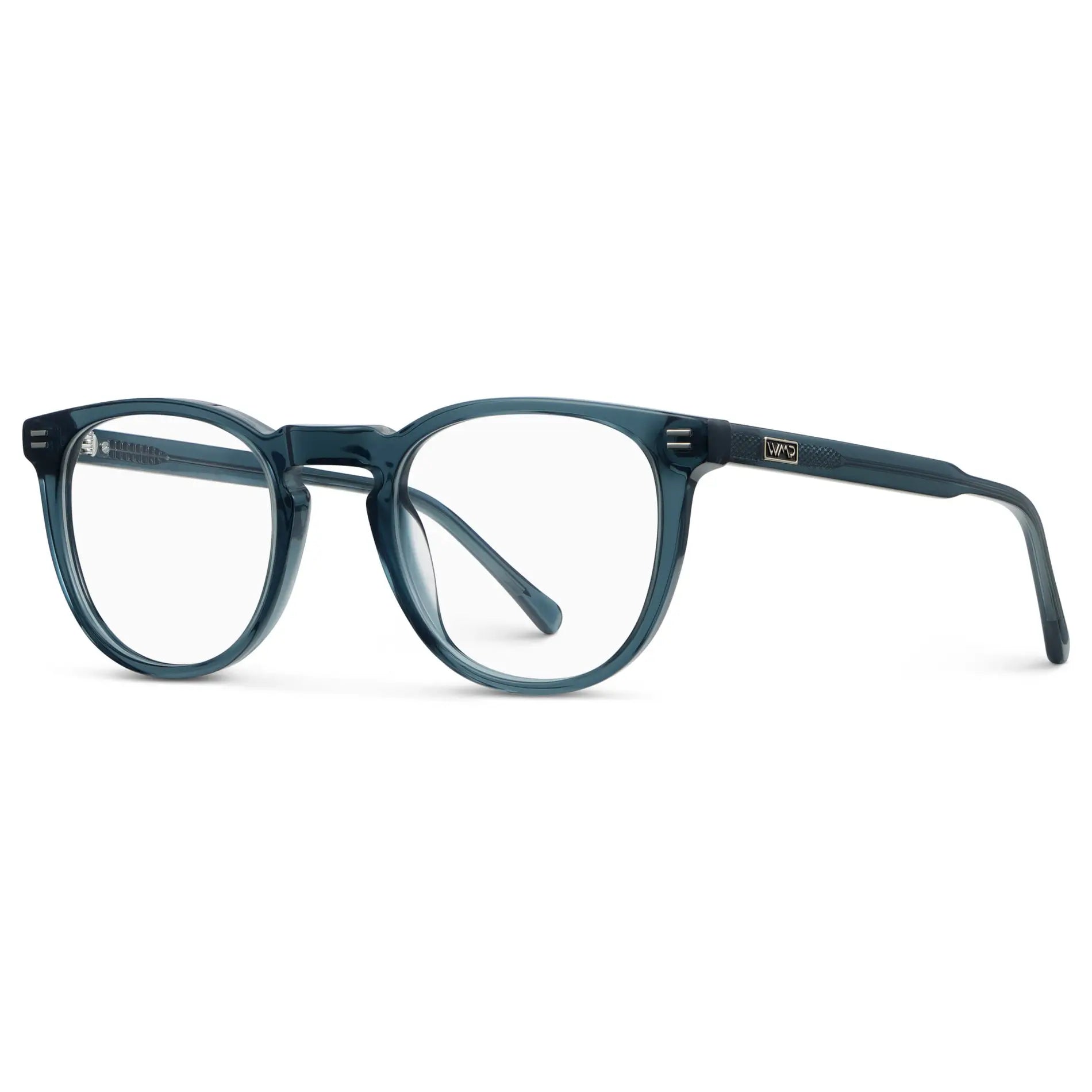Crystal Steel Blue || Side view of Round Blue Light Blocking Glasses with Crystal Steel Blue Acetate Frame and Clear Blue Light Blocking Lens on a white background