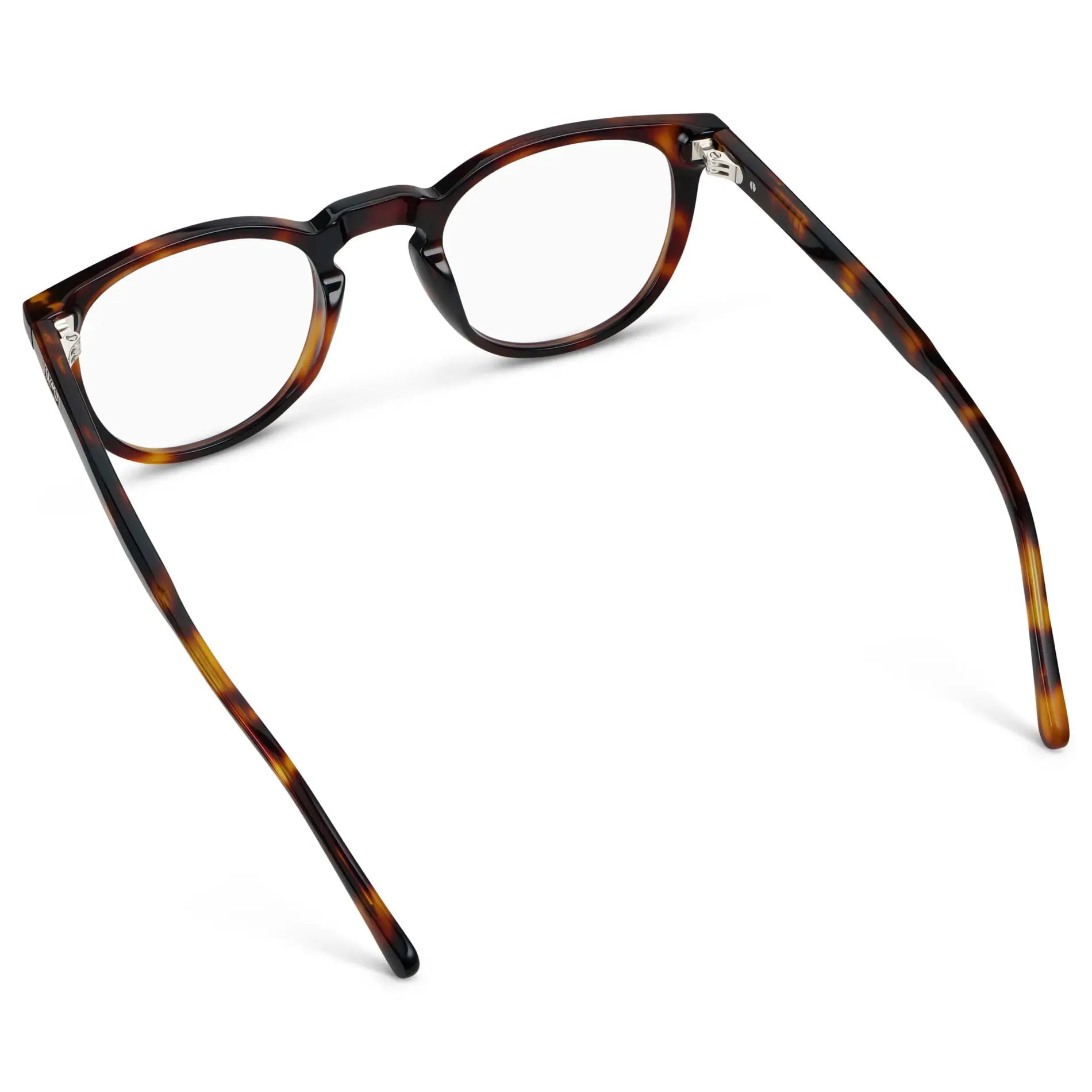 Brown Tortoise || Back view of Women's Round Eyeglasses with Brown Tortoise Acetate Frame and Clear Prescription Lens on a white background