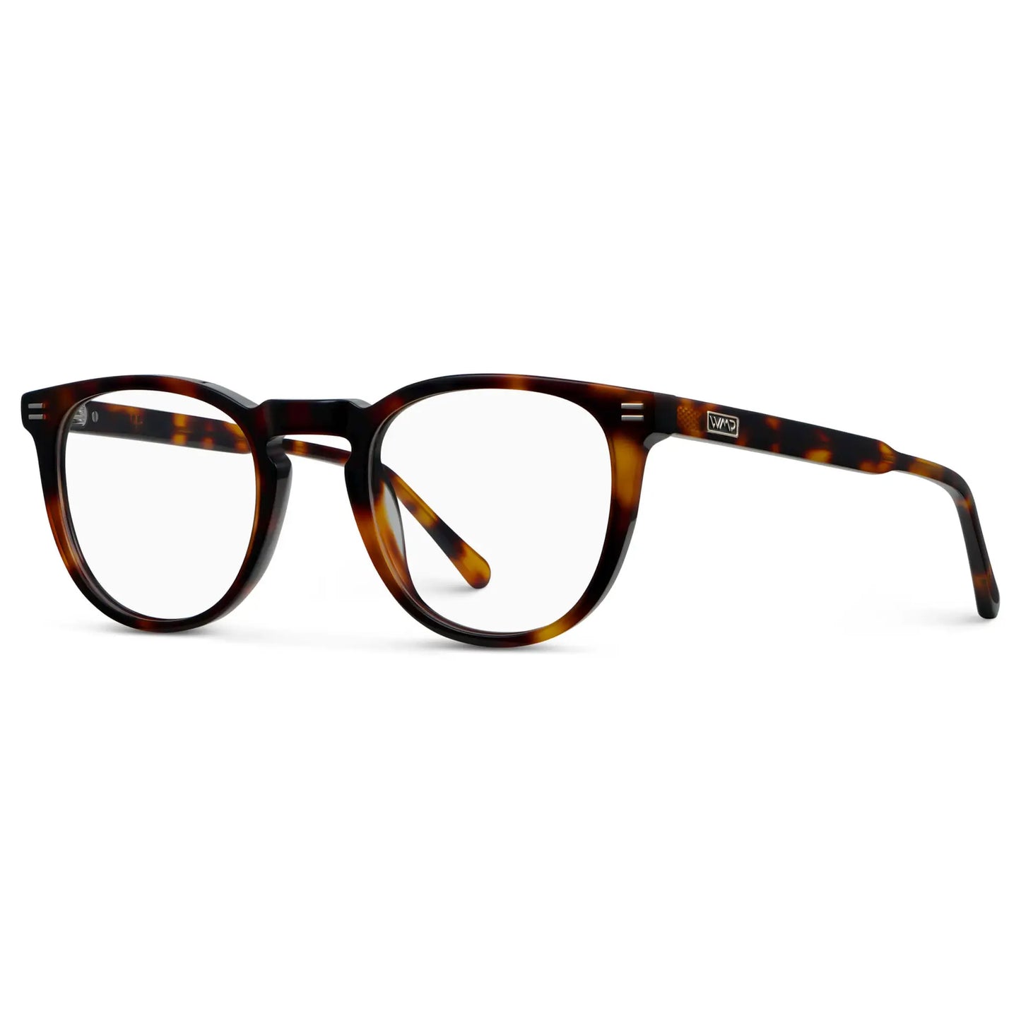 Brown Tortoise || Side view of Round Blue Light Blocking Glasses with Brown Tortoise Acetate Frame and Clear Blue Light Blocking Lens on a white background 