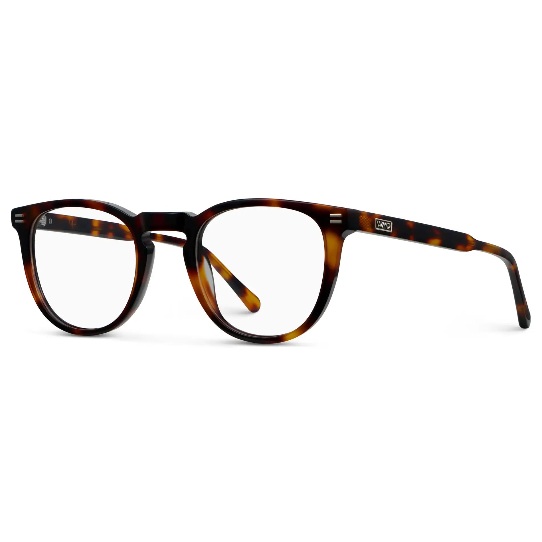 Brown Tortoise || Side view of Women's Round Eyeglasses with Brown Tortoise Acetate Frame and Clear Prescription Lens on a white background